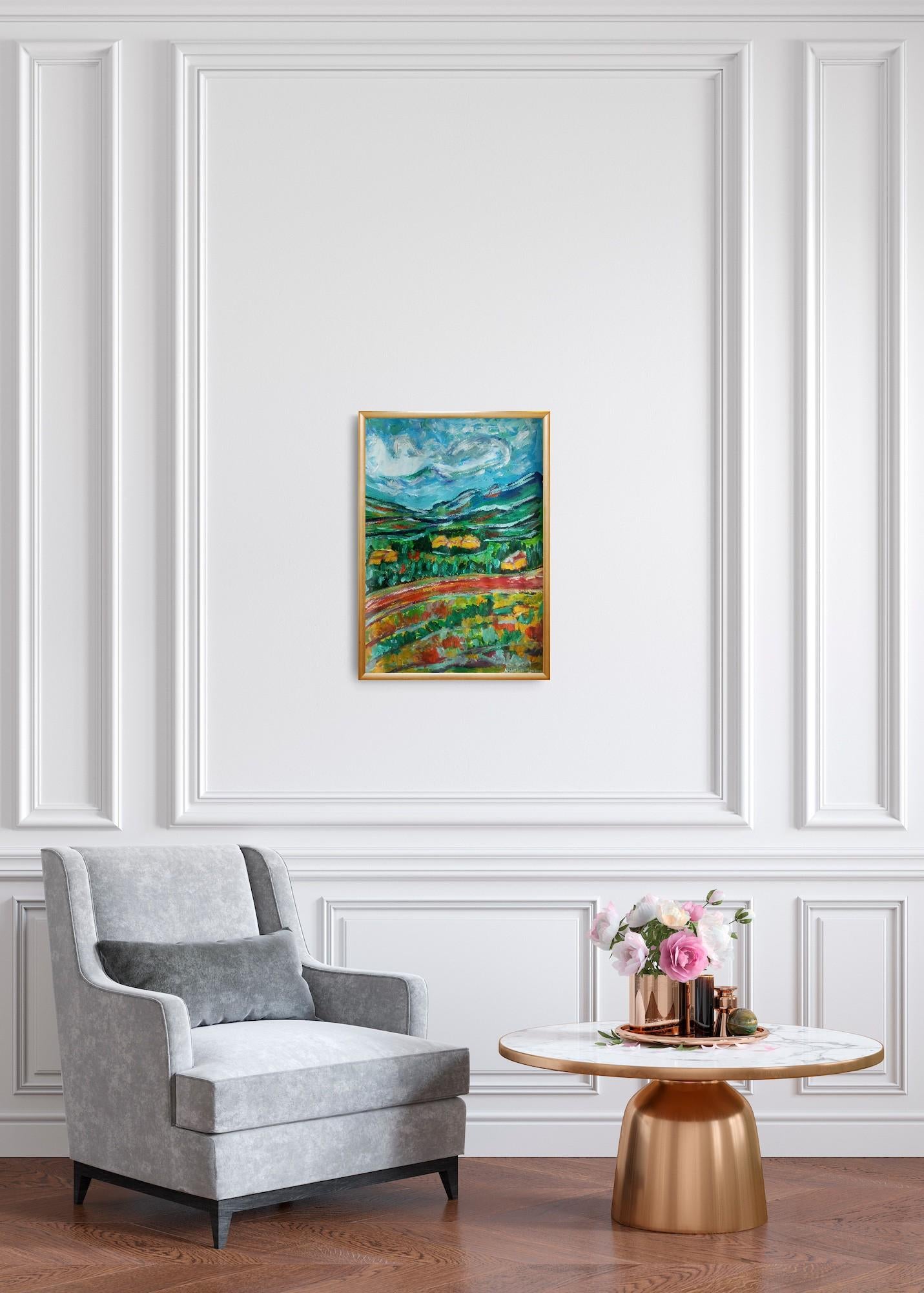 Paesaggio contemporaneo colorato in acrilico impressionista Nature flora su carta - Painting Contemporaneo di Natalya Mougenot 