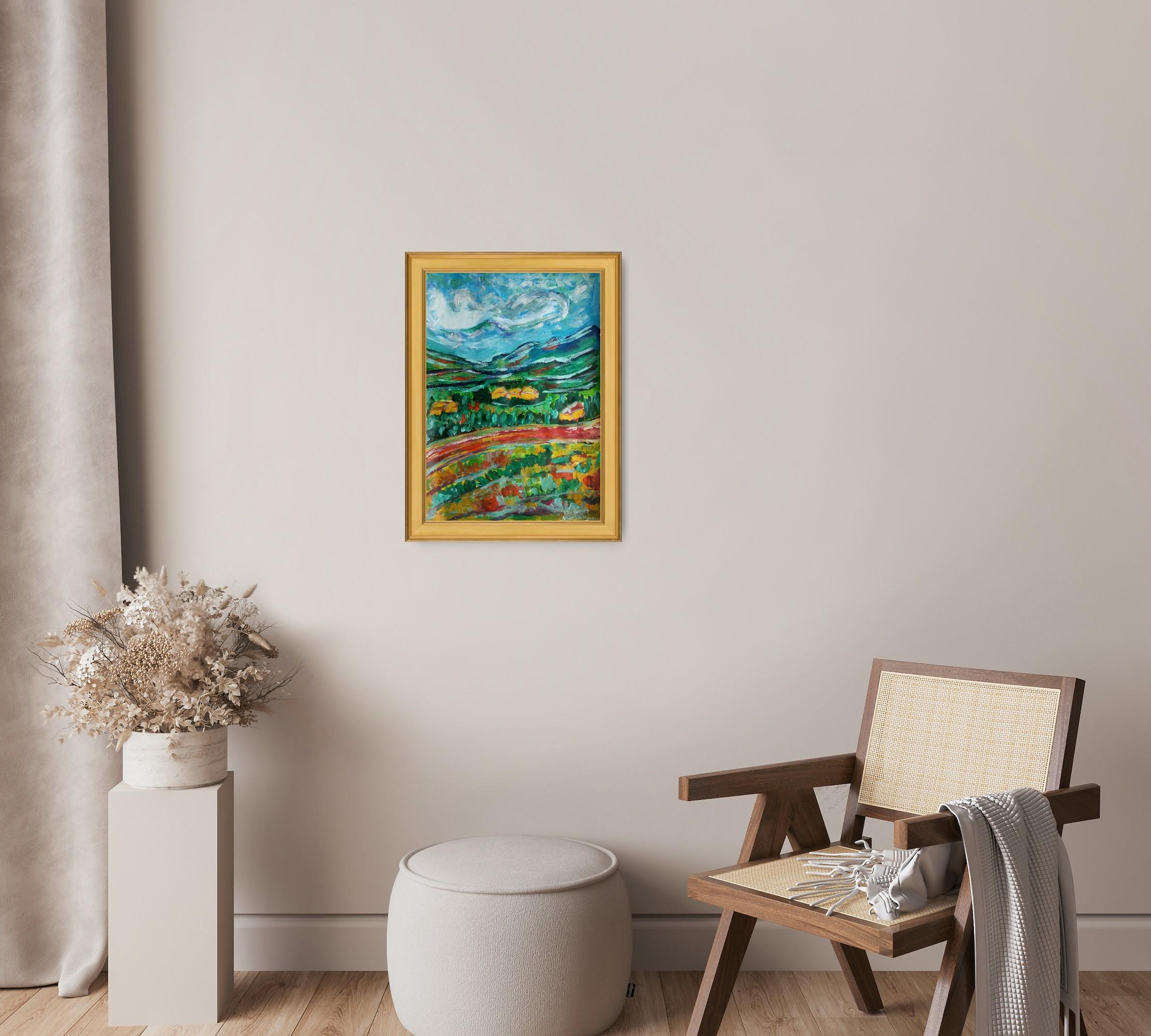 Paesaggio contemporaneo colorato in acrilico impressionista Nature flora su carta - Figurative Painting Grigio di Natalya Mougenot 