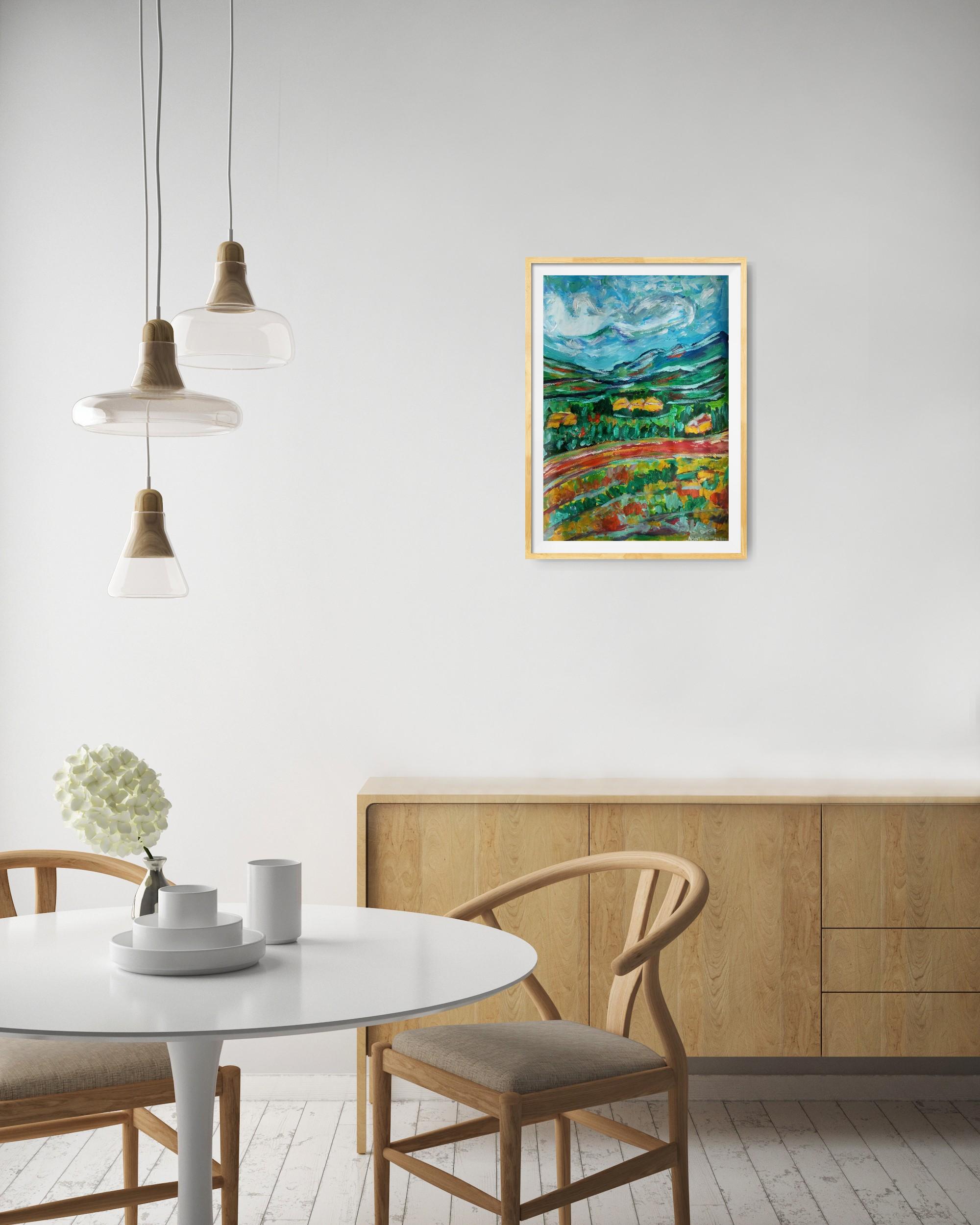 Paesaggio contemporaneo colorato in acrilico impressionista Nature flora su carta in vendita 1
