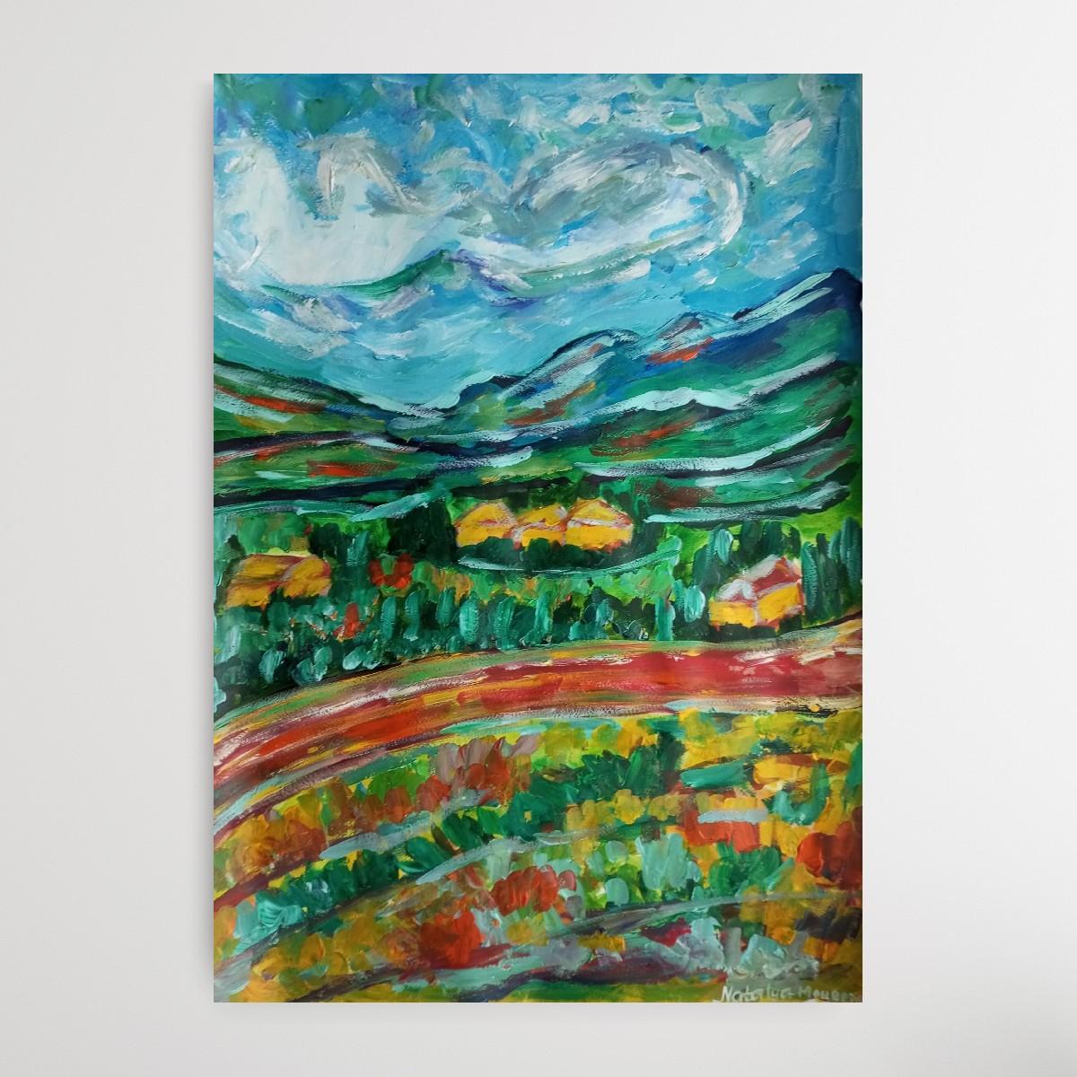 Paesaggio contemporaneo colorato in acrilico impressionista Nature flora su carta in vendita 3