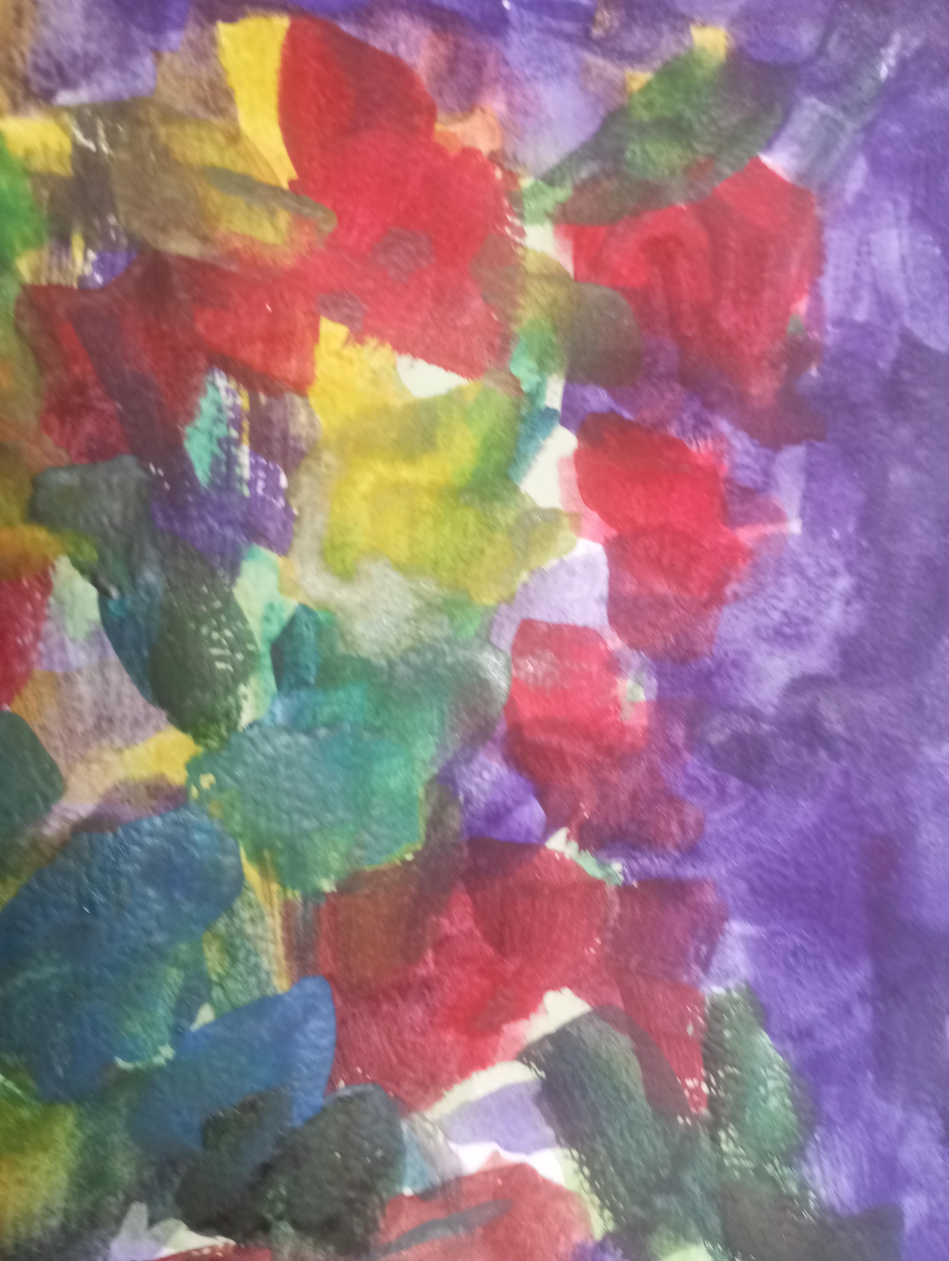 Cette œuvre d'art attire l'attention par son utilisation vibrante et dynamique de la couleur et de la forme, créant une composition visuellement frappante. Au centre de l'œuvre, un vase rougeâtre et audacieux constitue le point d'ancrage de la