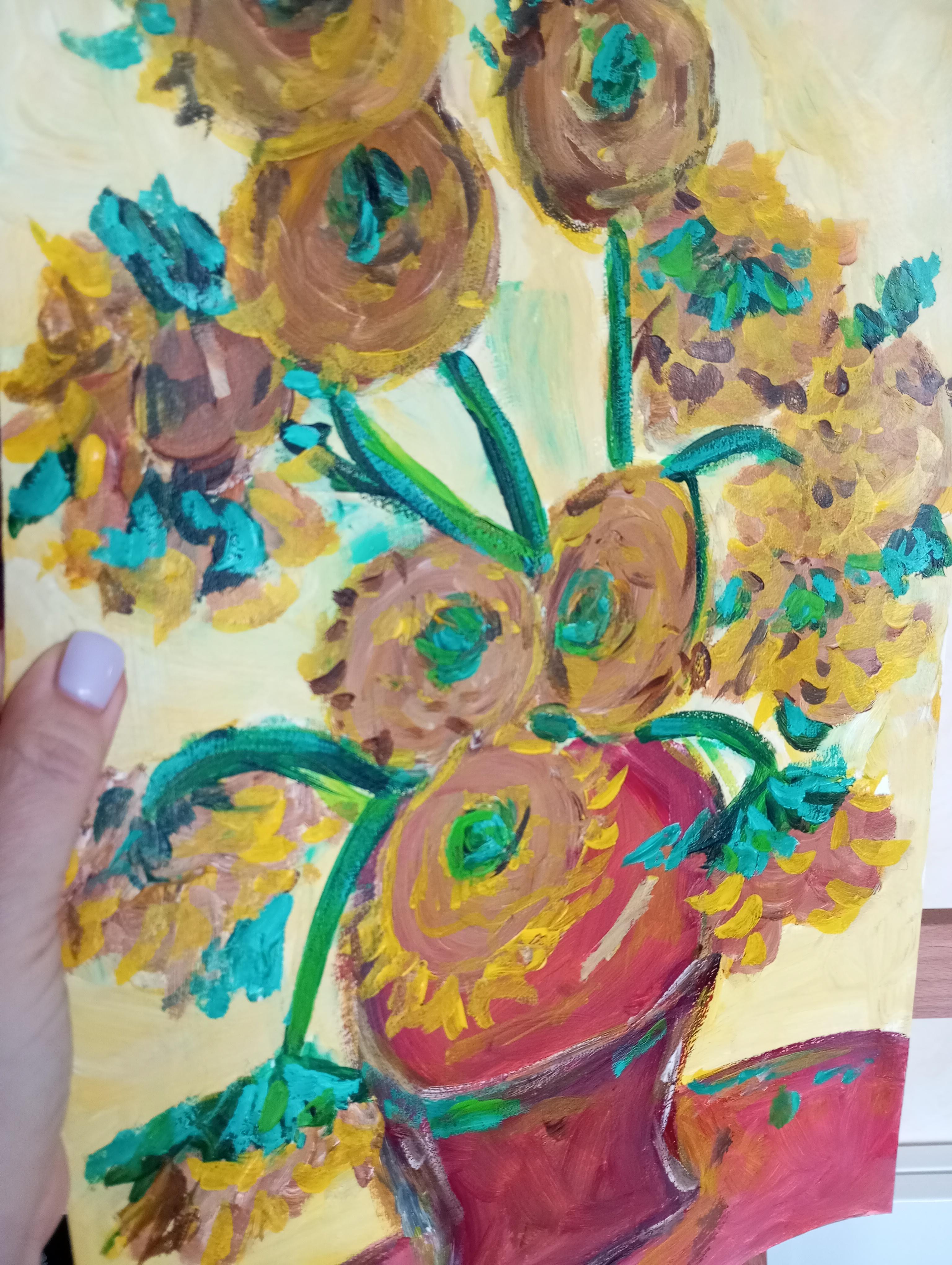 Sonnenblumen in einer Terrakotta-Vase im Angebot 6