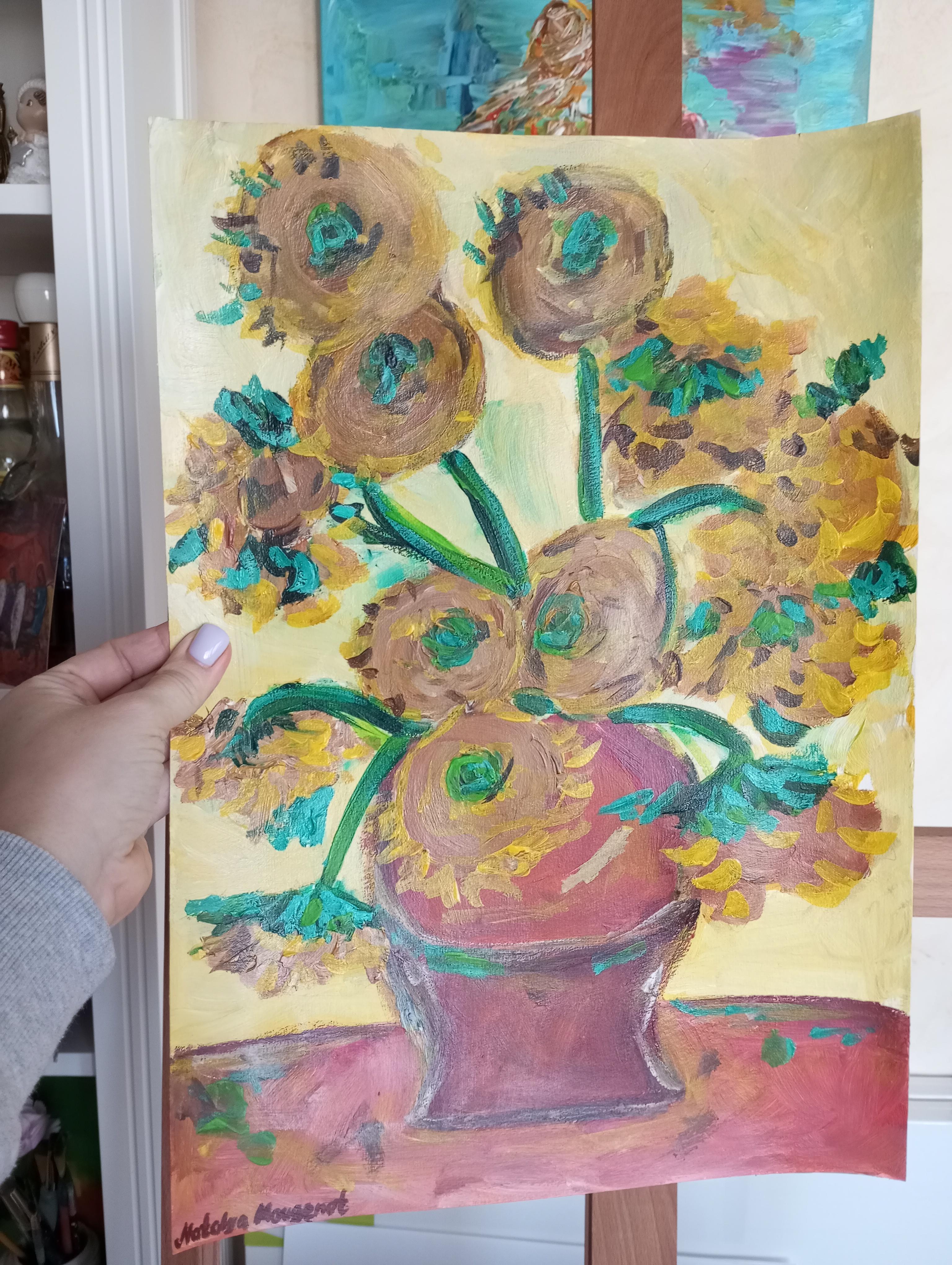 Sonnenblumen in einer Terrakotta-Vase im Angebot 7