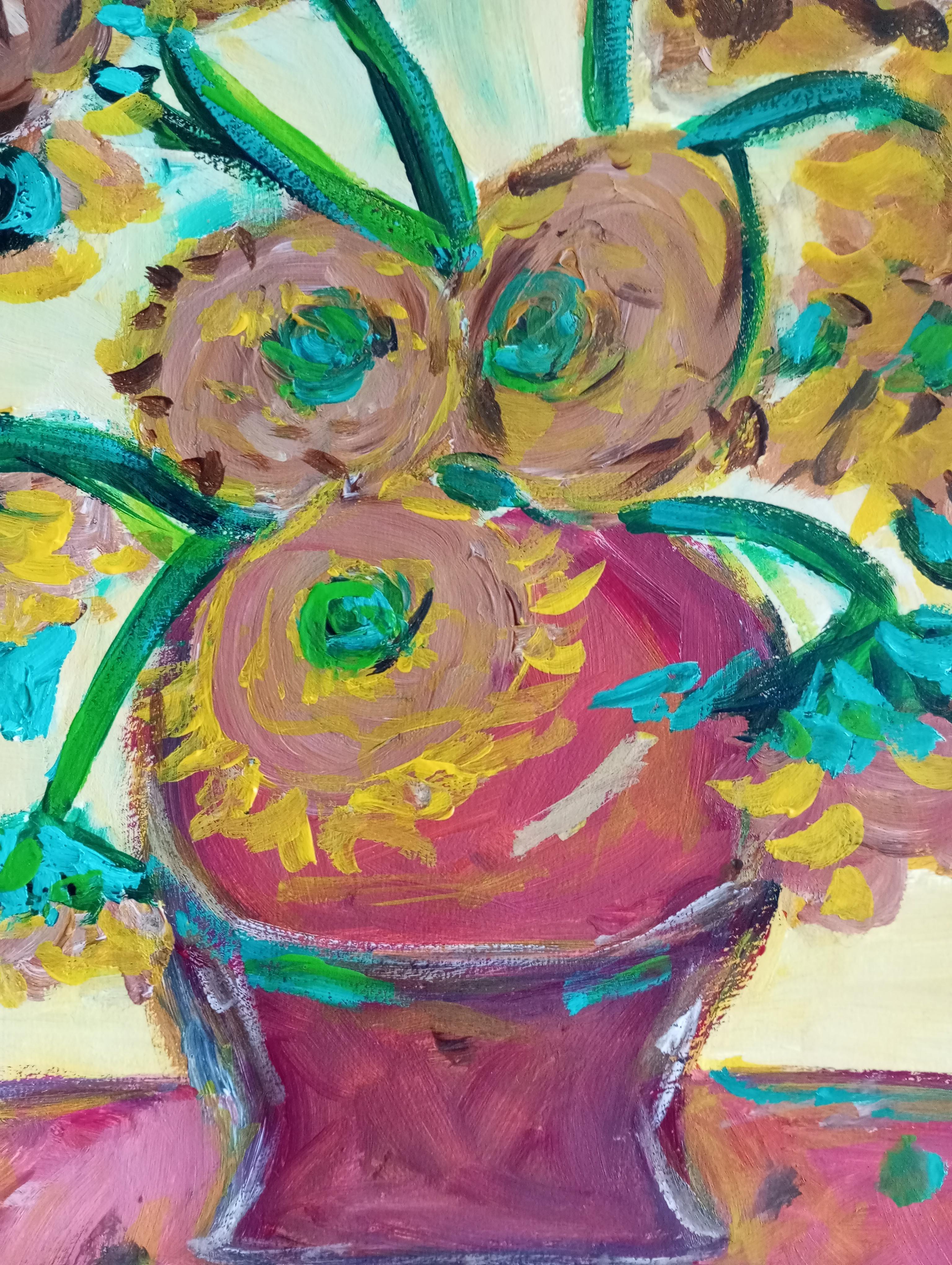 Sunflowers in a terracotta vase For Sale 10