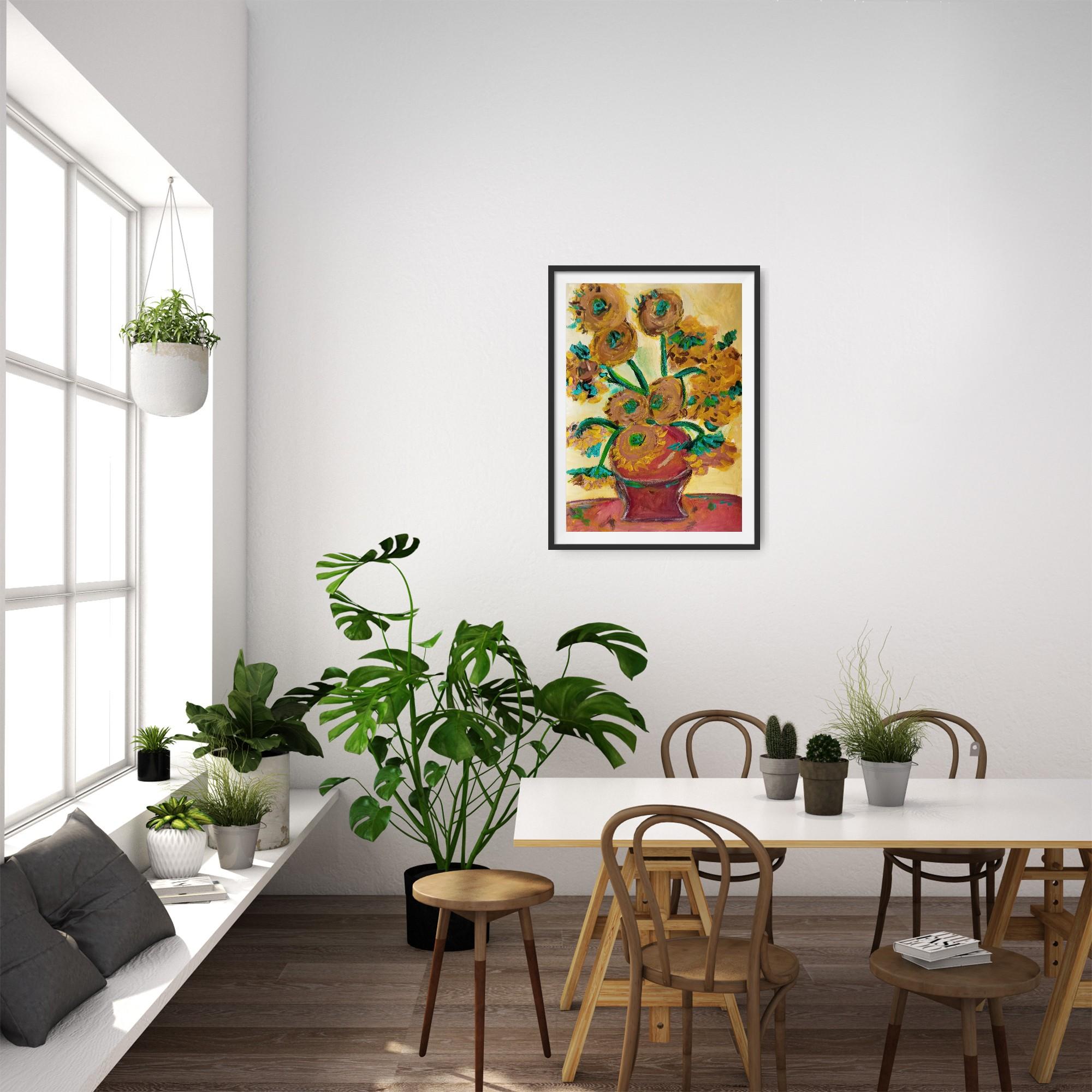 Sonnenblumen in einer Terrakotta-Vase (Amerikanischer Impressionismus), Art, von Natalya Mougenot 