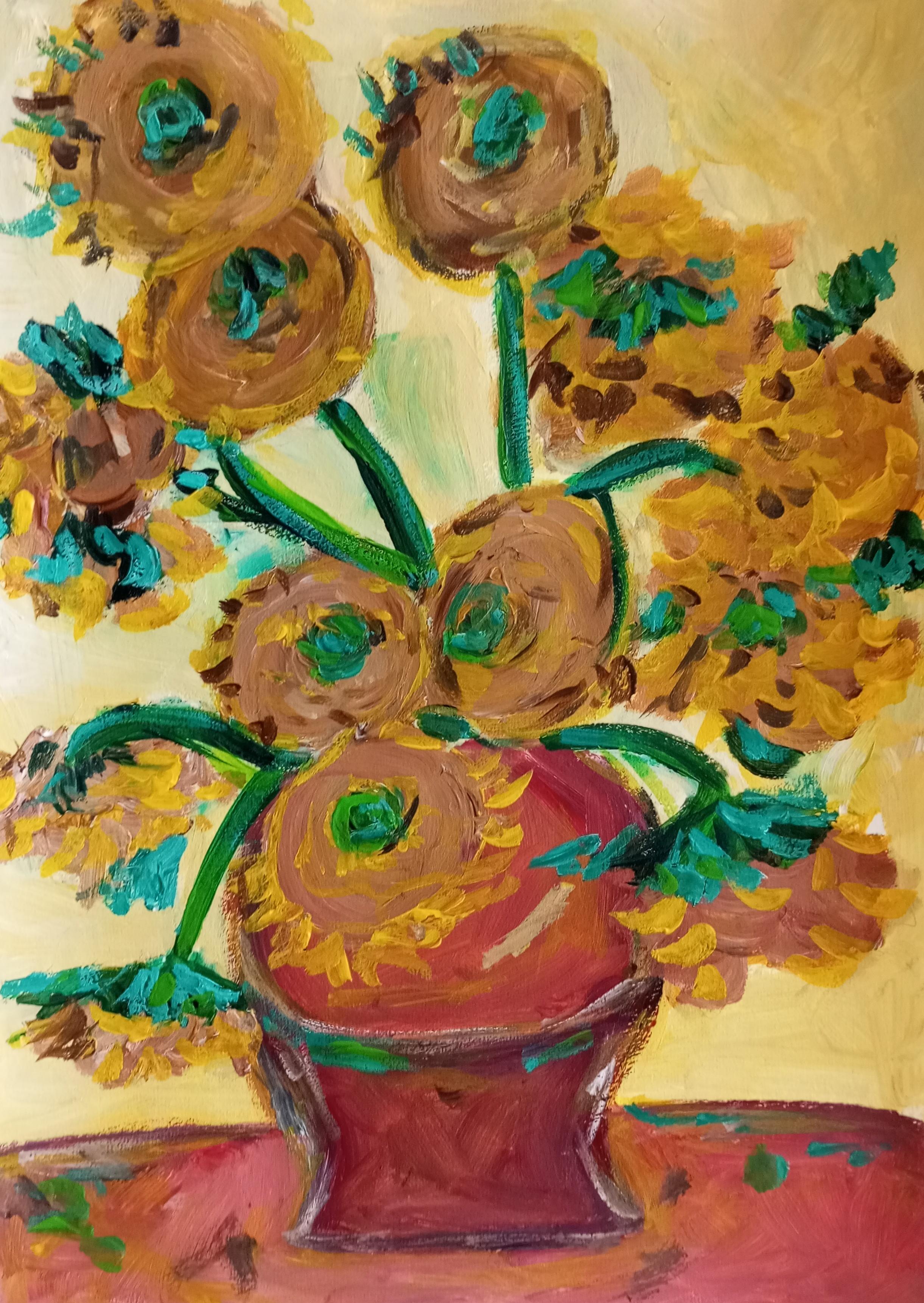 Natalya Mougenot  Figurative Art – Sonnenblumen in einer Terrakotta-Vase
