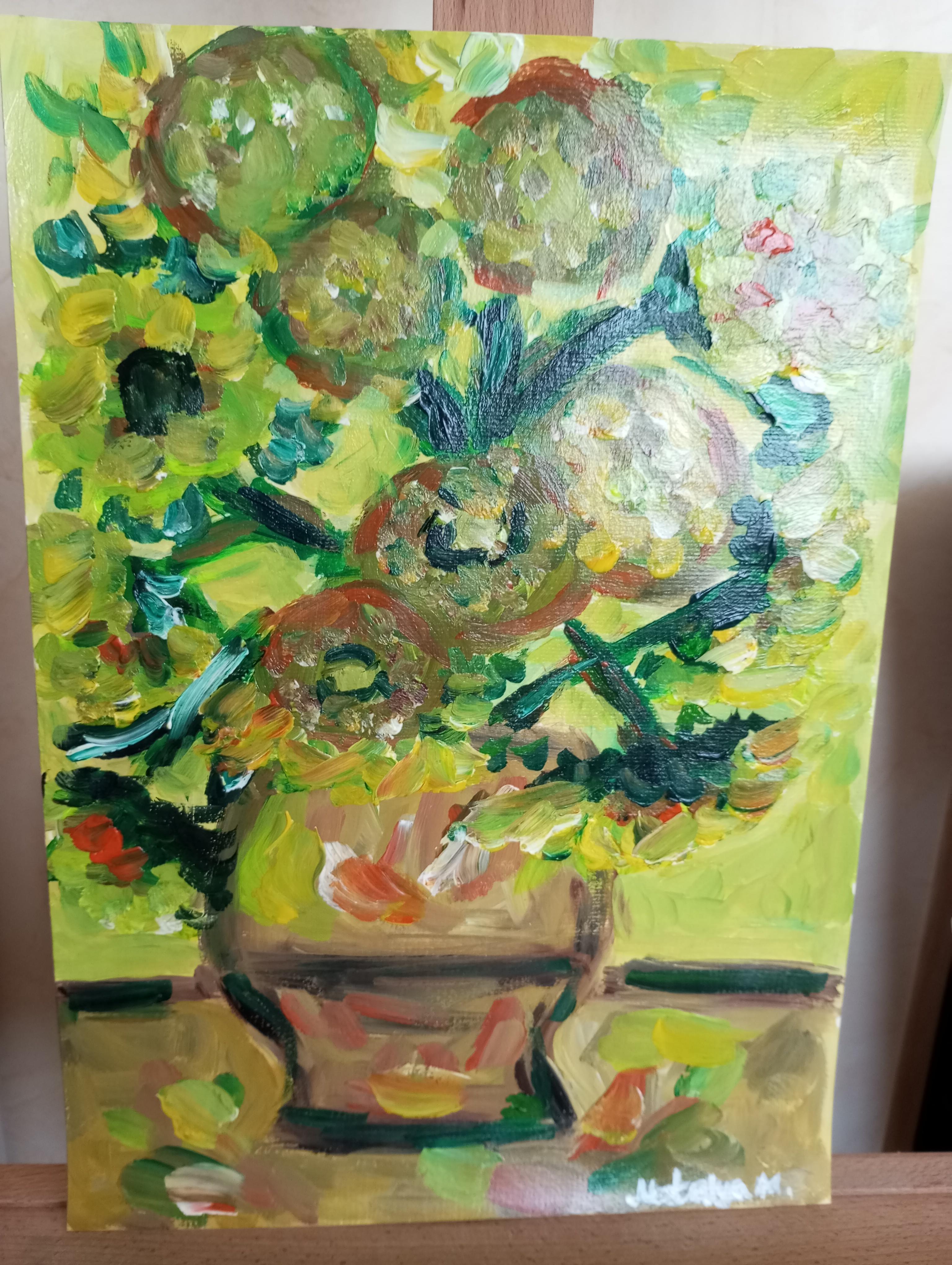 Contemporary impressionist artwork of sunflowers on paper inspired by Van Gogh For Sale 5