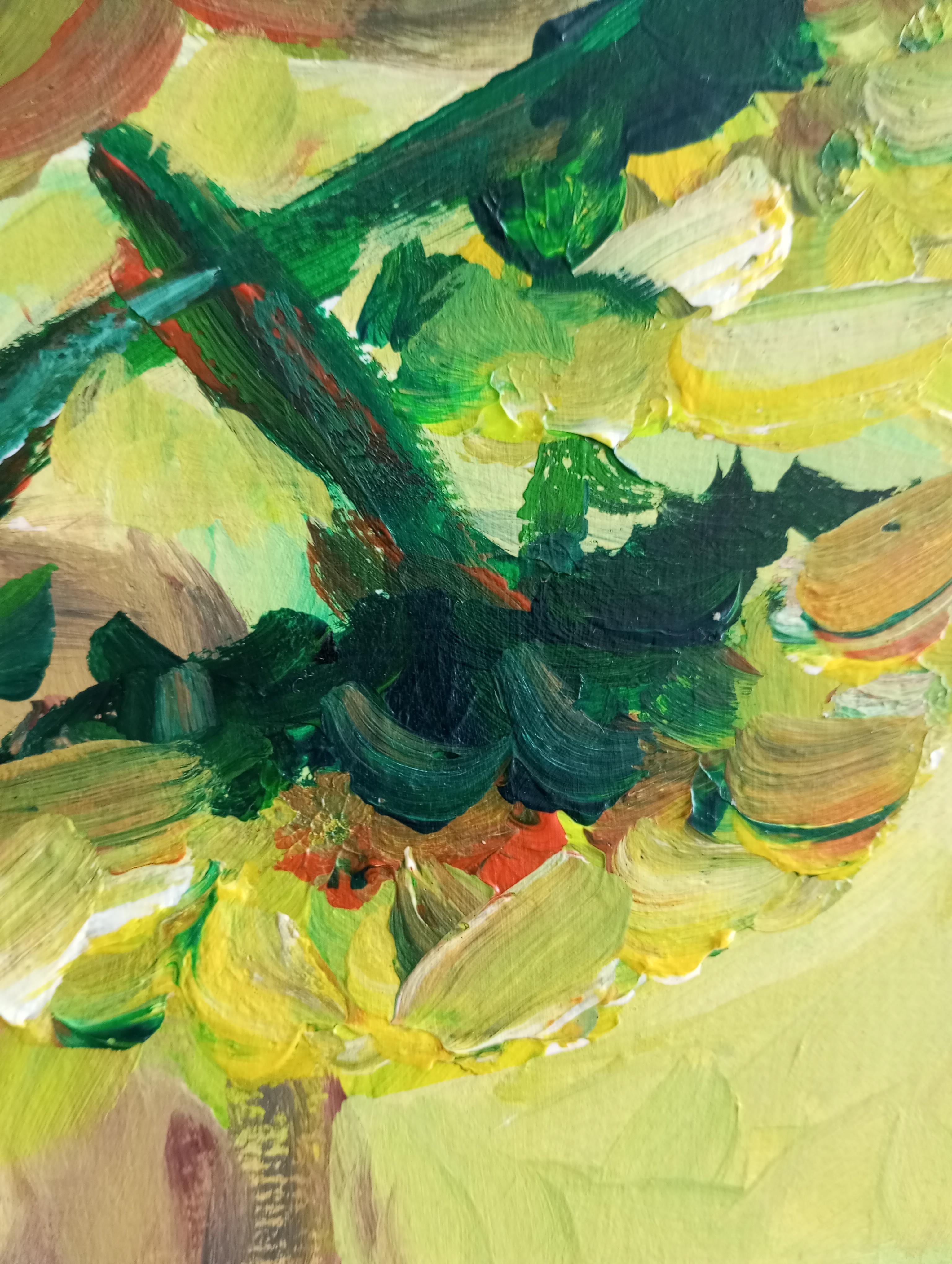Contemporary impressionist artwork of sunflowers on paper inspired by Van Gogh For Sale 6