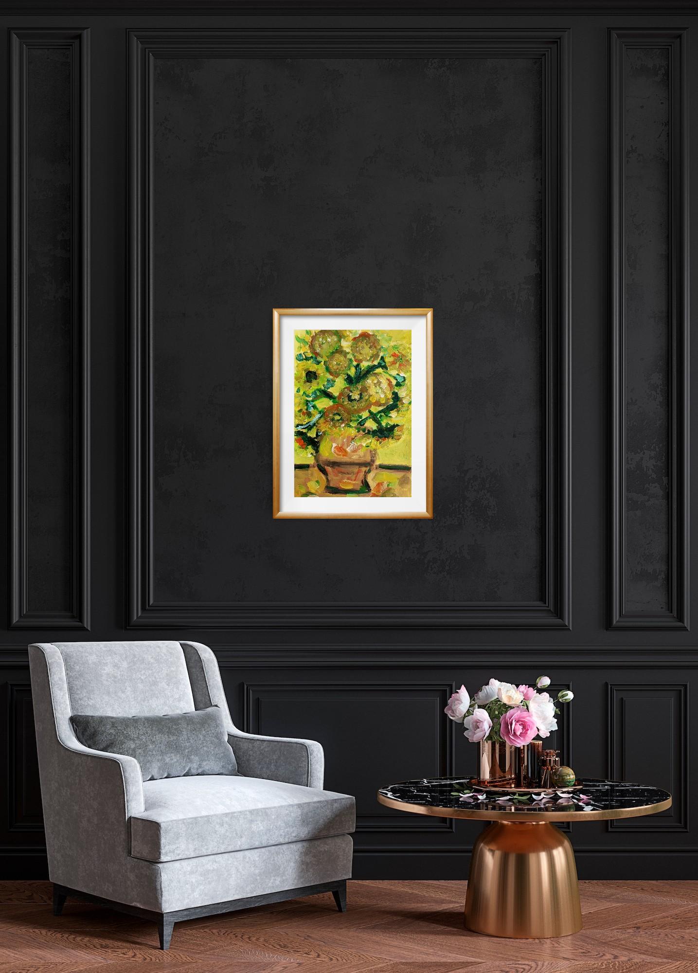 Contemporary impressionist artwork of sunflowers on paper inspired by Van Gogh - Painting by Natalya Mougenot 