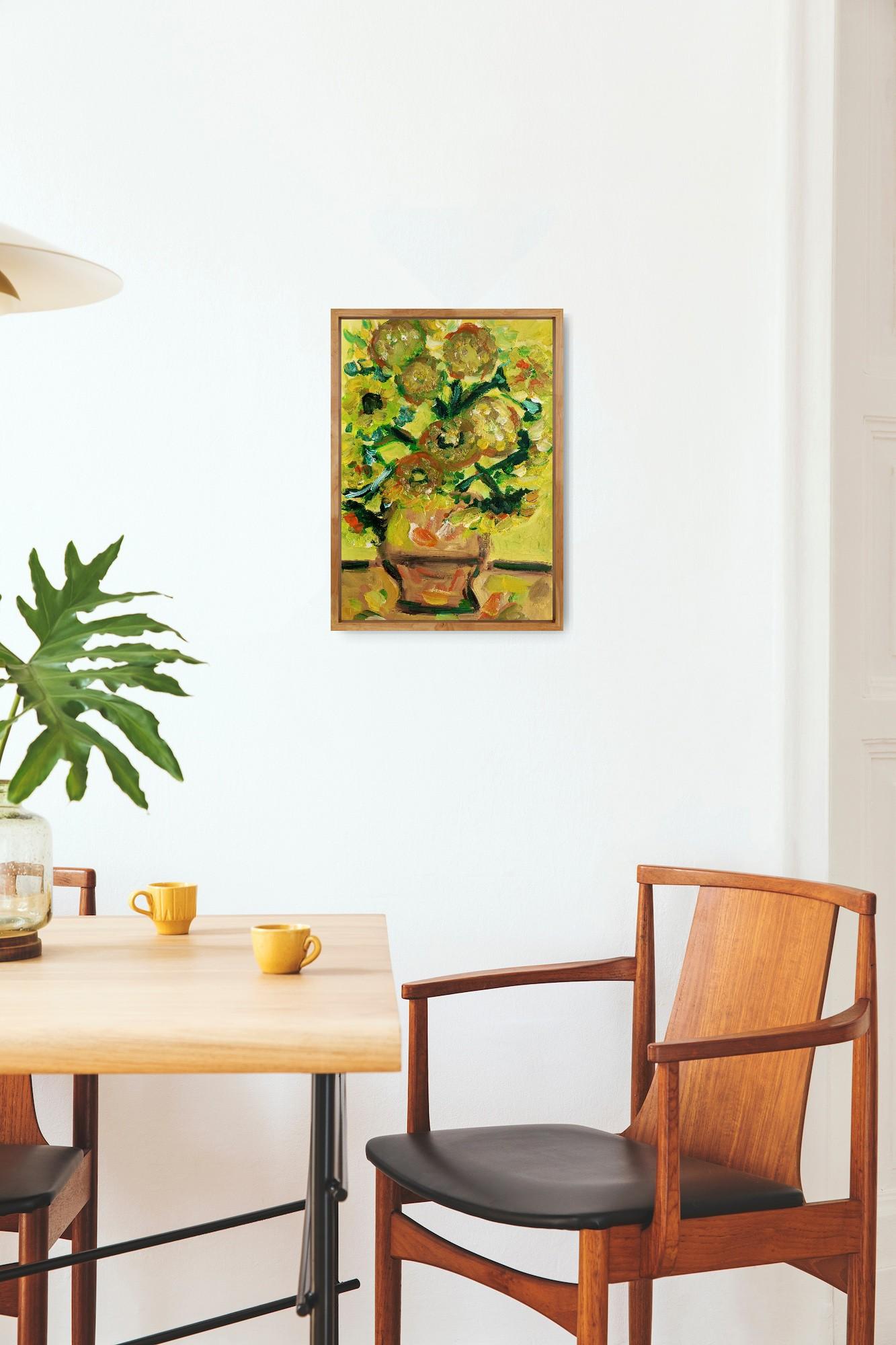 Contemporary impressionist artwork of sunflowers on paper inspired by Van Gogh - Impressionist Painting by Natalya Mougenot 