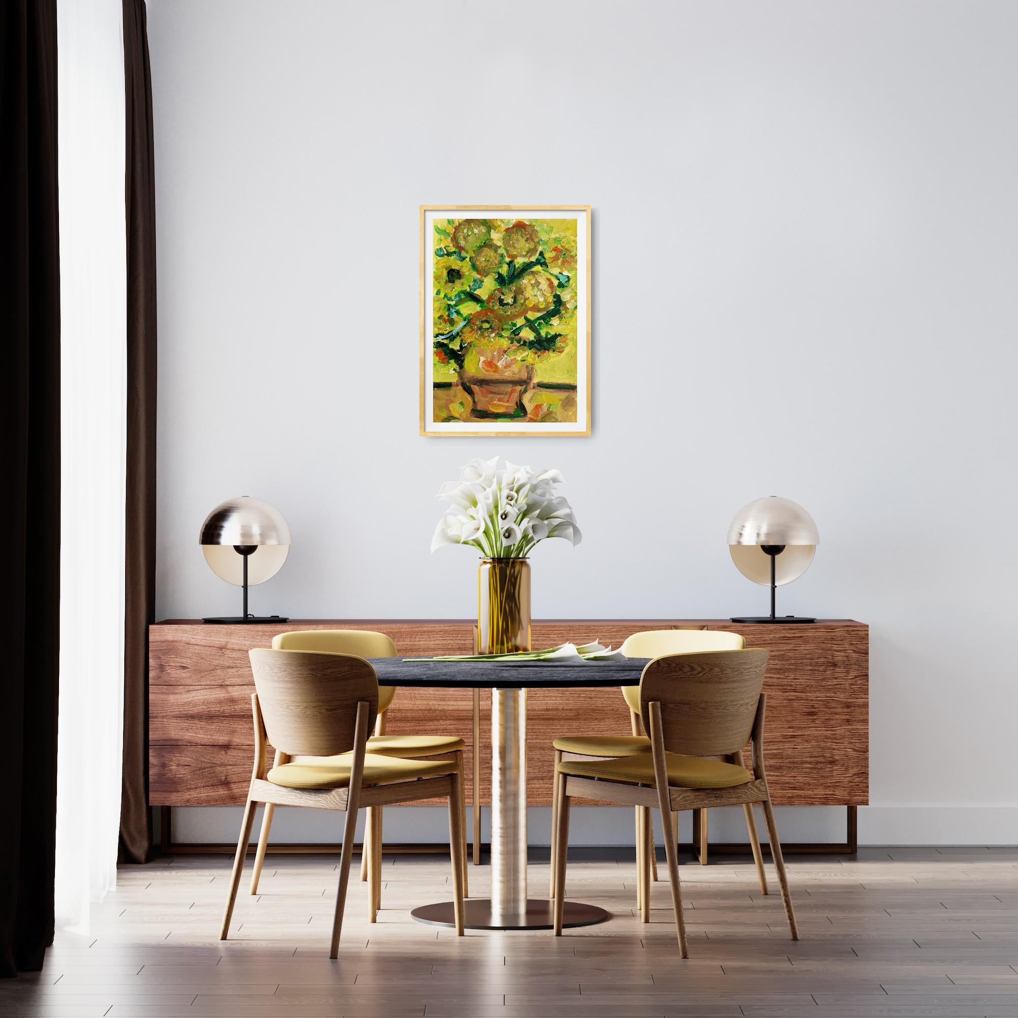 Contemporary impressionist artwork of sunflowers on paper inspired by Van Gogh - Brown Still-Life Painting by Natalya Mougenot 