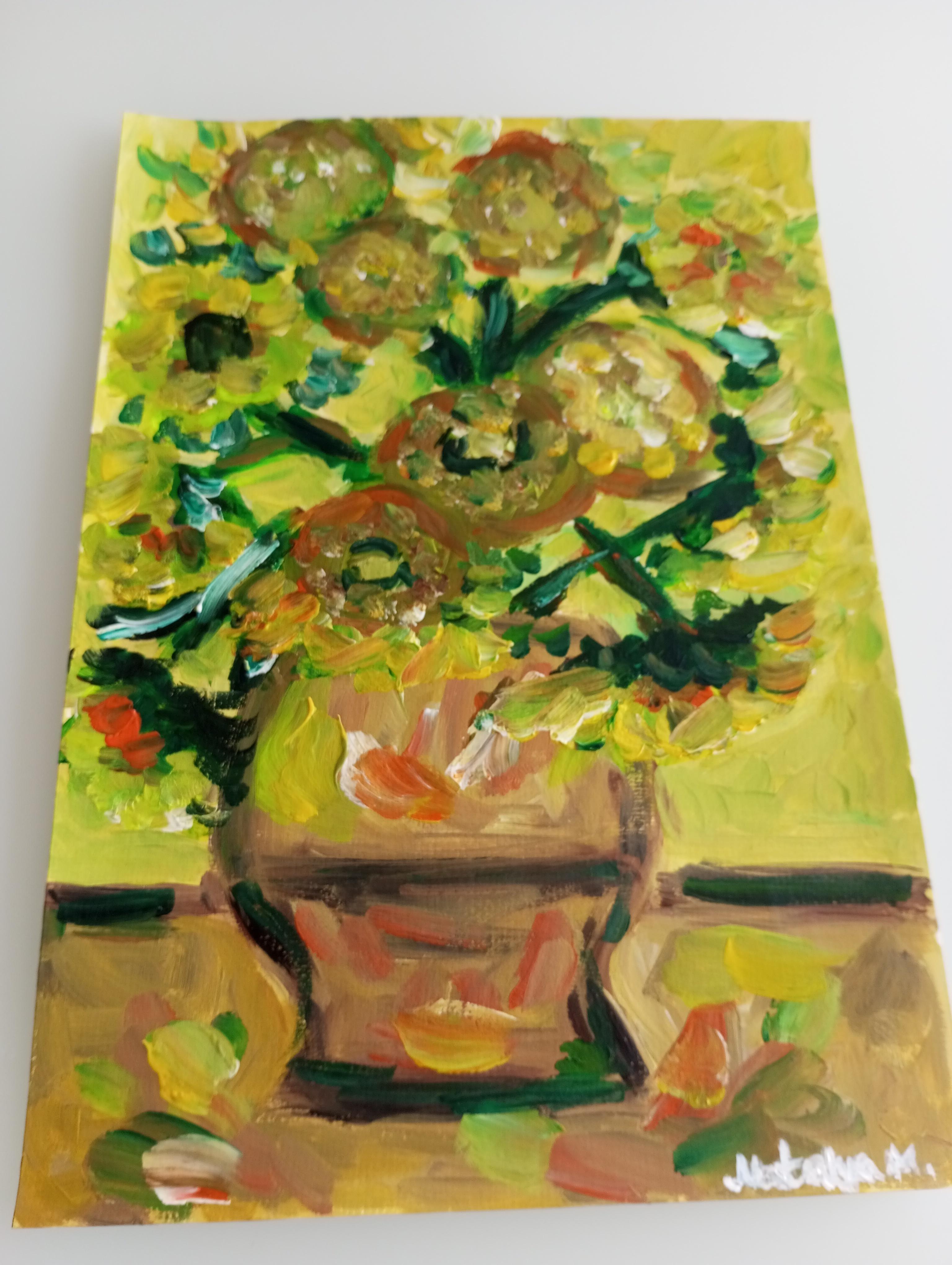 Contemporary impressionist artwork of sunflowers on paper inspired by Van Gogh For Sale 3