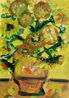 Obra de arte impresionista contemporánea de girasoles sobre papel inspirada en Van Gogh