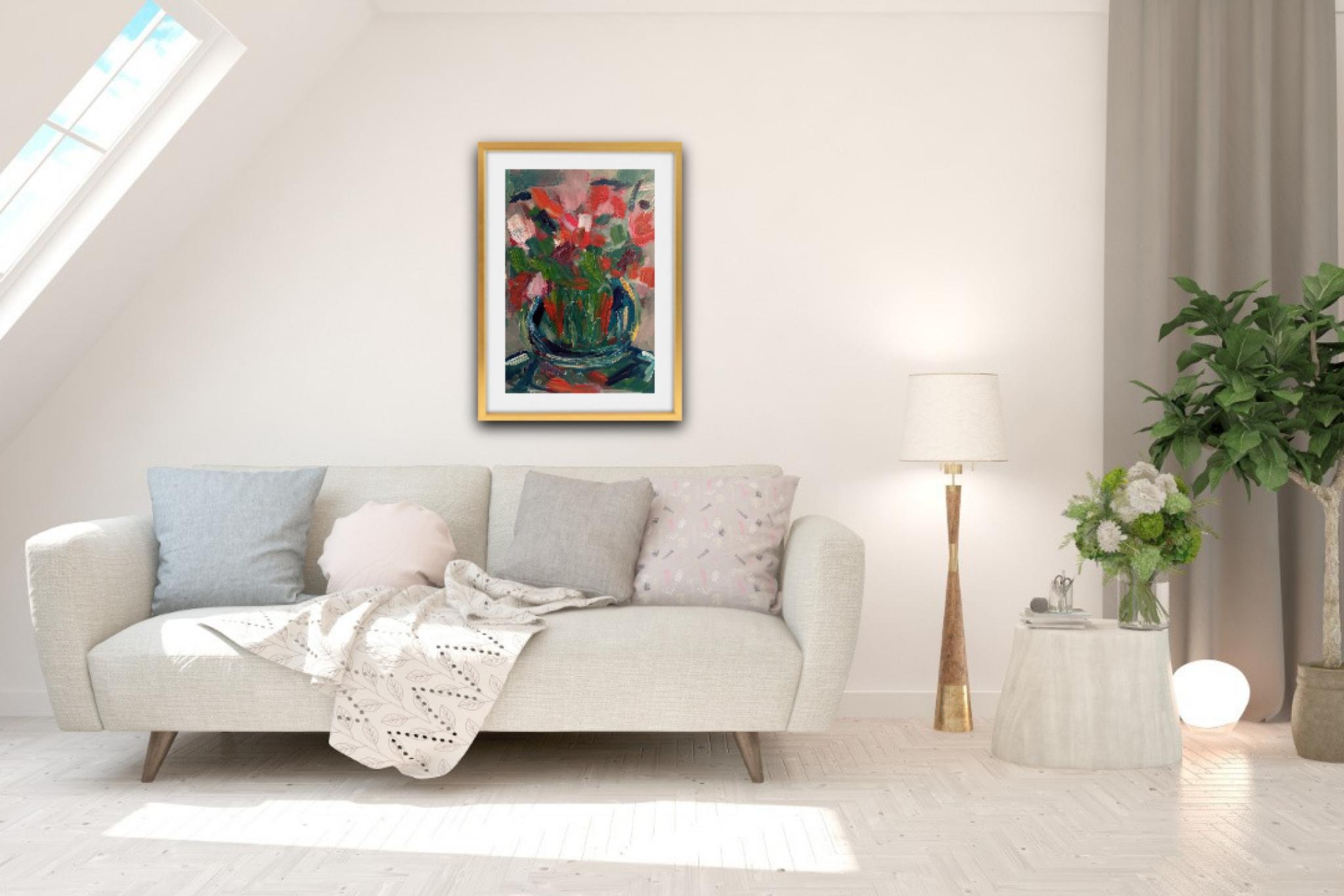 „Sweet memories“ (impressionistisches Blumenstrauß-Ölgemälde auf Papier) – Painting von Natalya Mougenot 