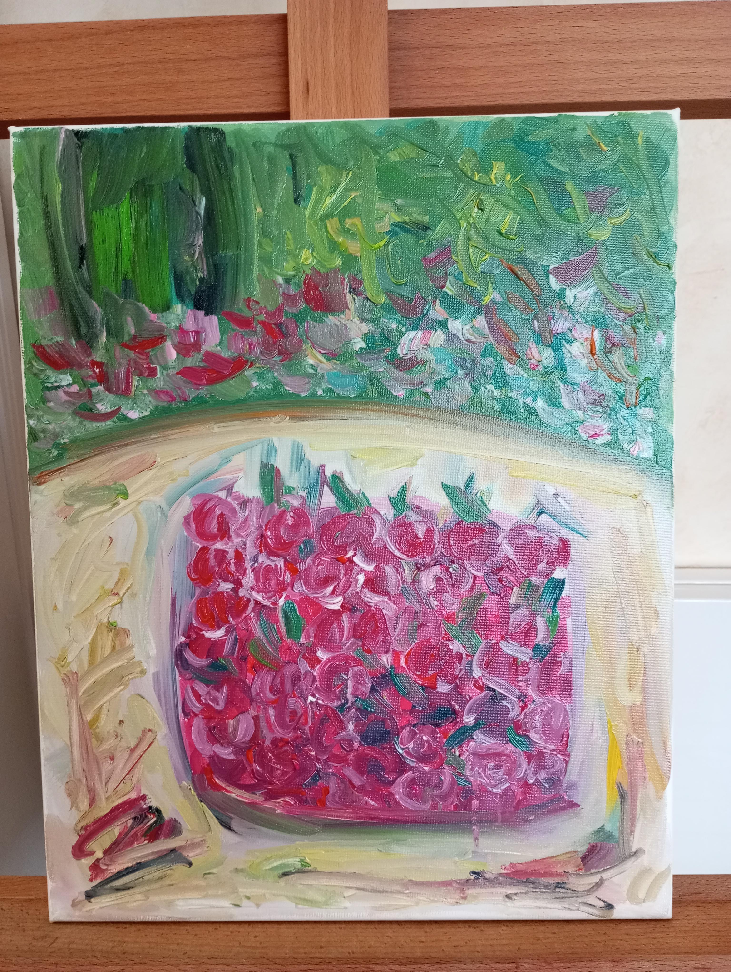 Contemporary expressive art naive oil painting of cherries on canvas For Sale 5