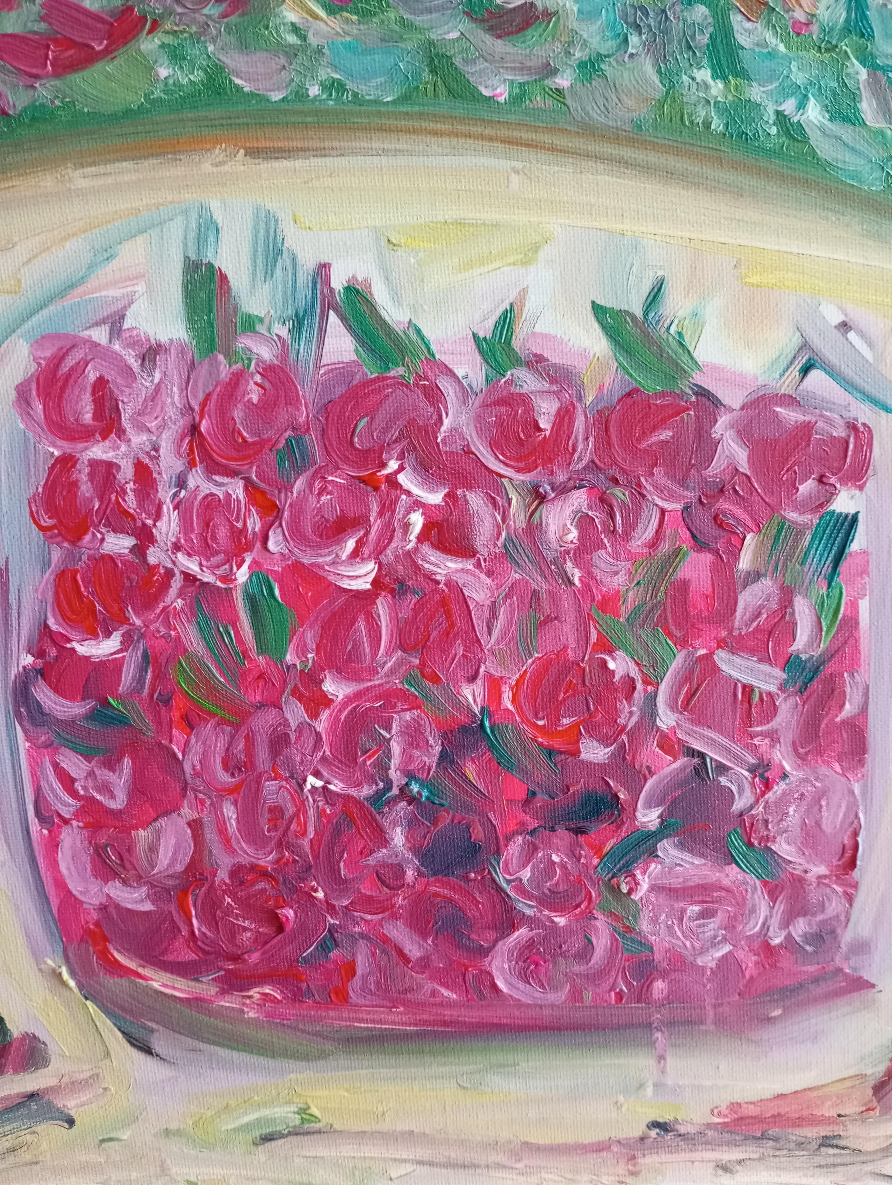 Contemporary expressive art naive oil painting of cherries on canvas For Sale 7