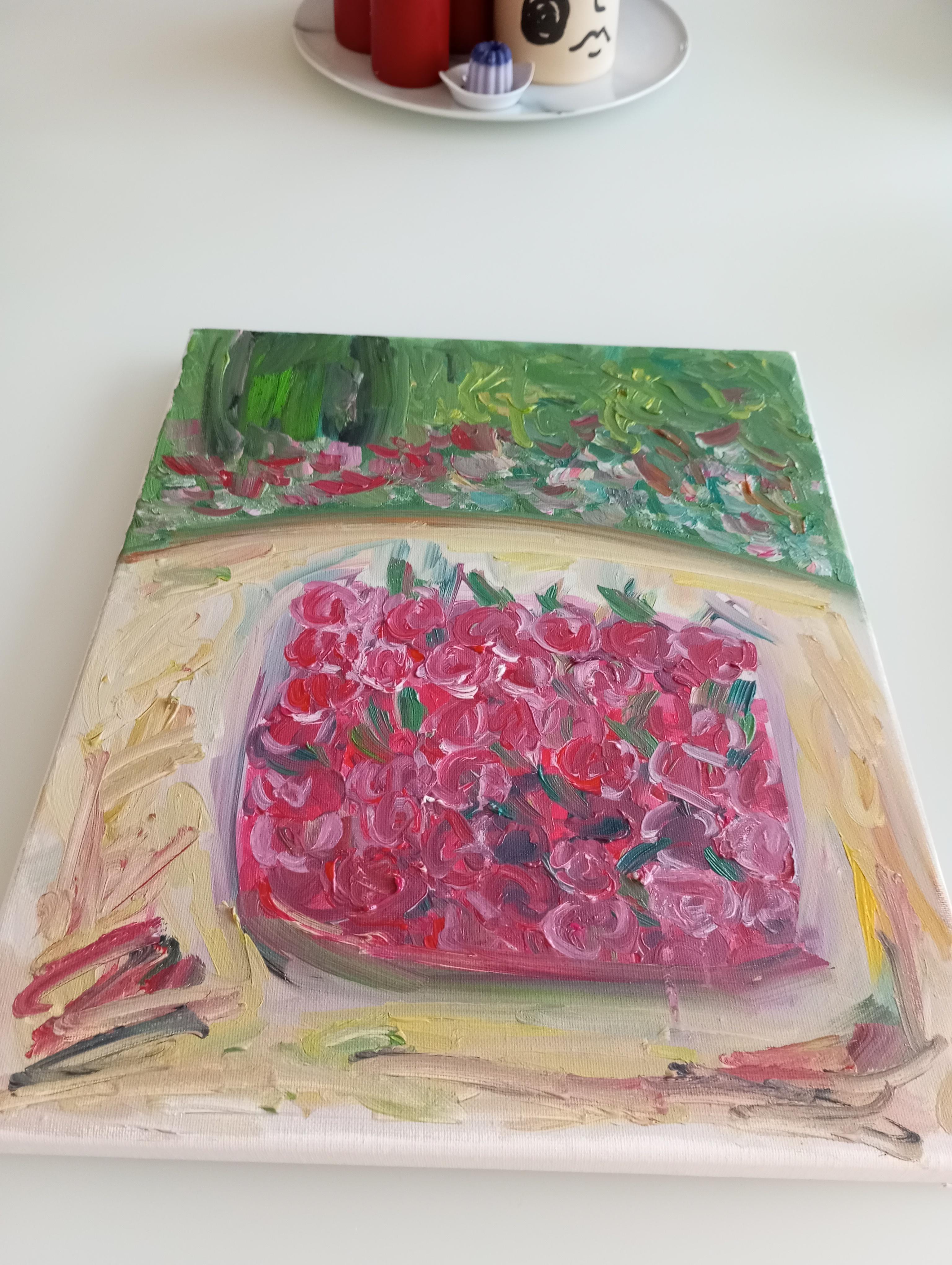 Contemporary expressive art naive oil painting of cherries on canvas For Sale 8
