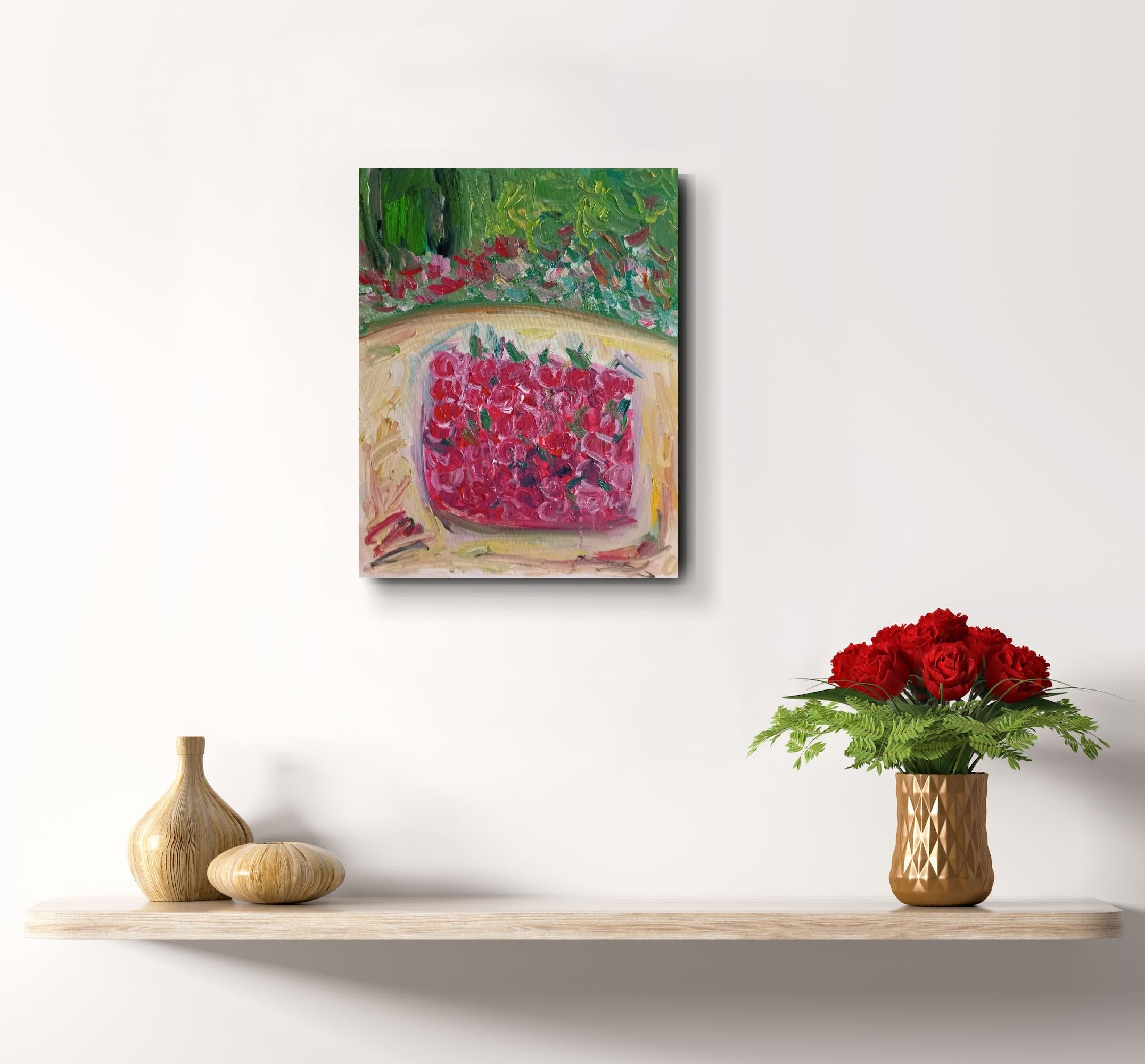 Contemporary expressive art naive oil painting of cherries on canvas - Painting by Natalya Mougenot 