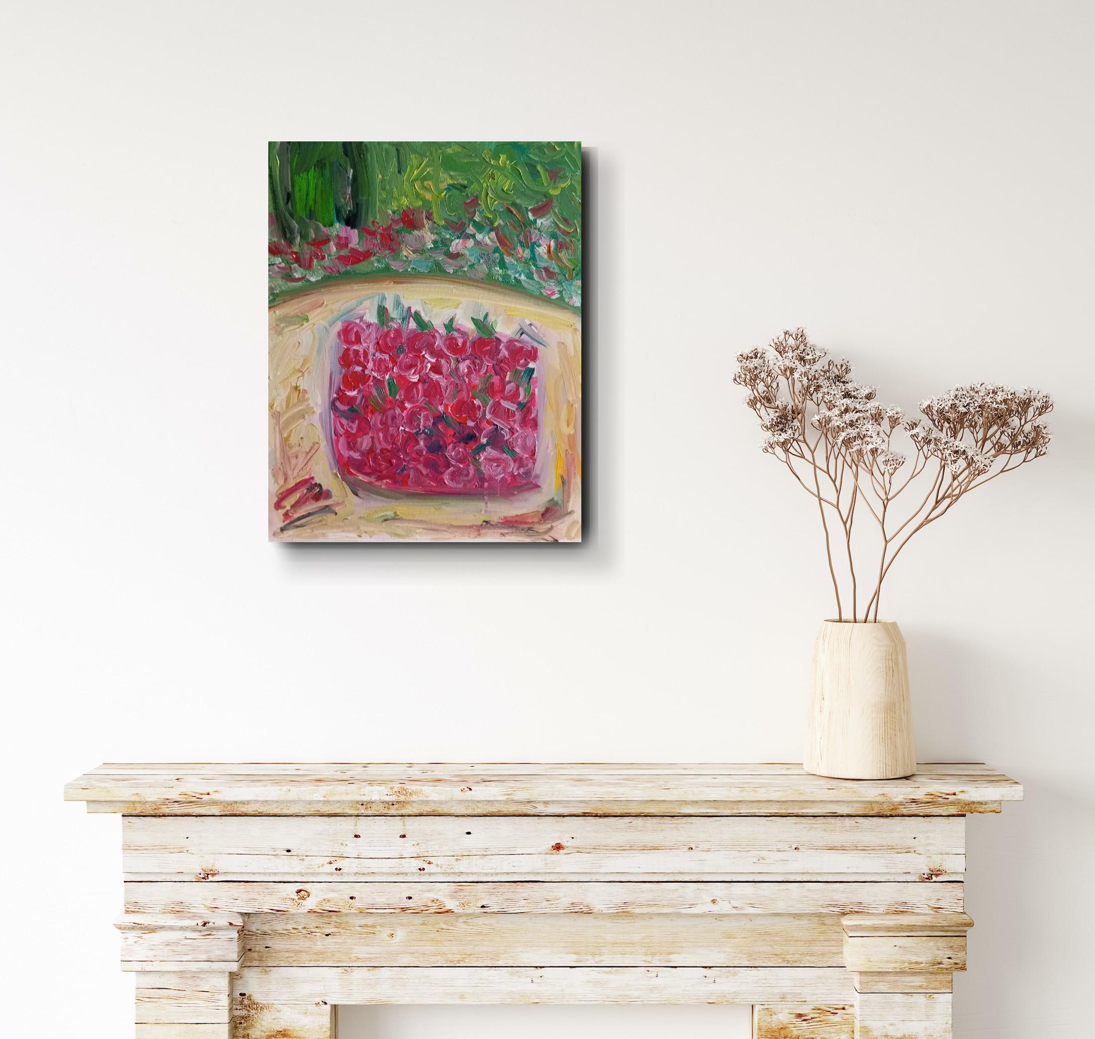 Contemporary expressive art naive oil painting of cherries on canvas - Impressionist Painting by Natalya Mougenot 