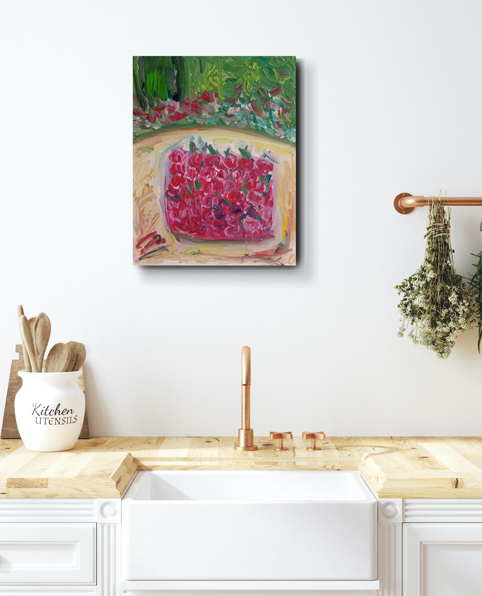 Contemporary expressive art naive oil painting of cherries on canvas For Sale 1