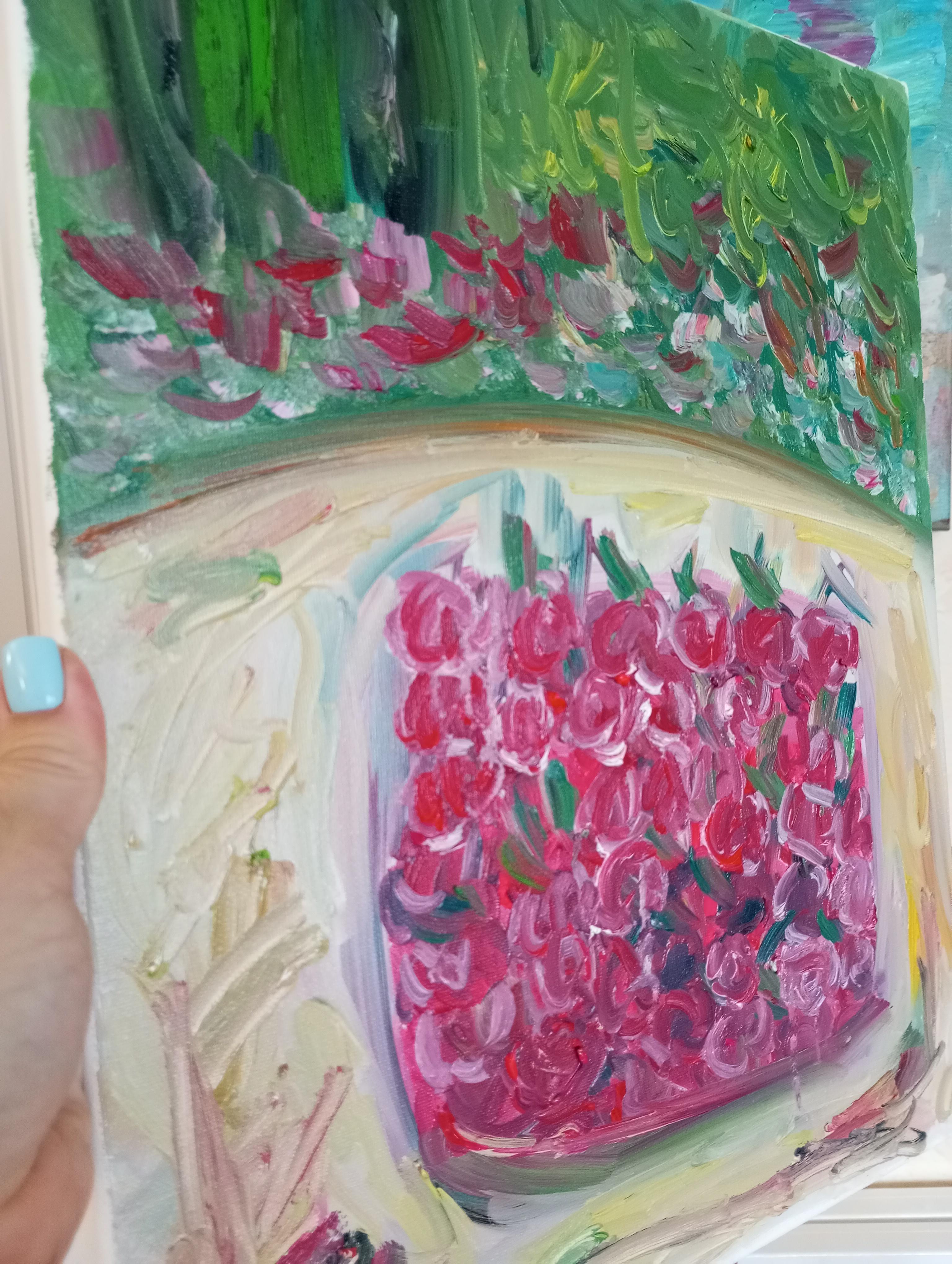 Contemporary expressive art naive oil painting of cherries on canvas For Sale 3