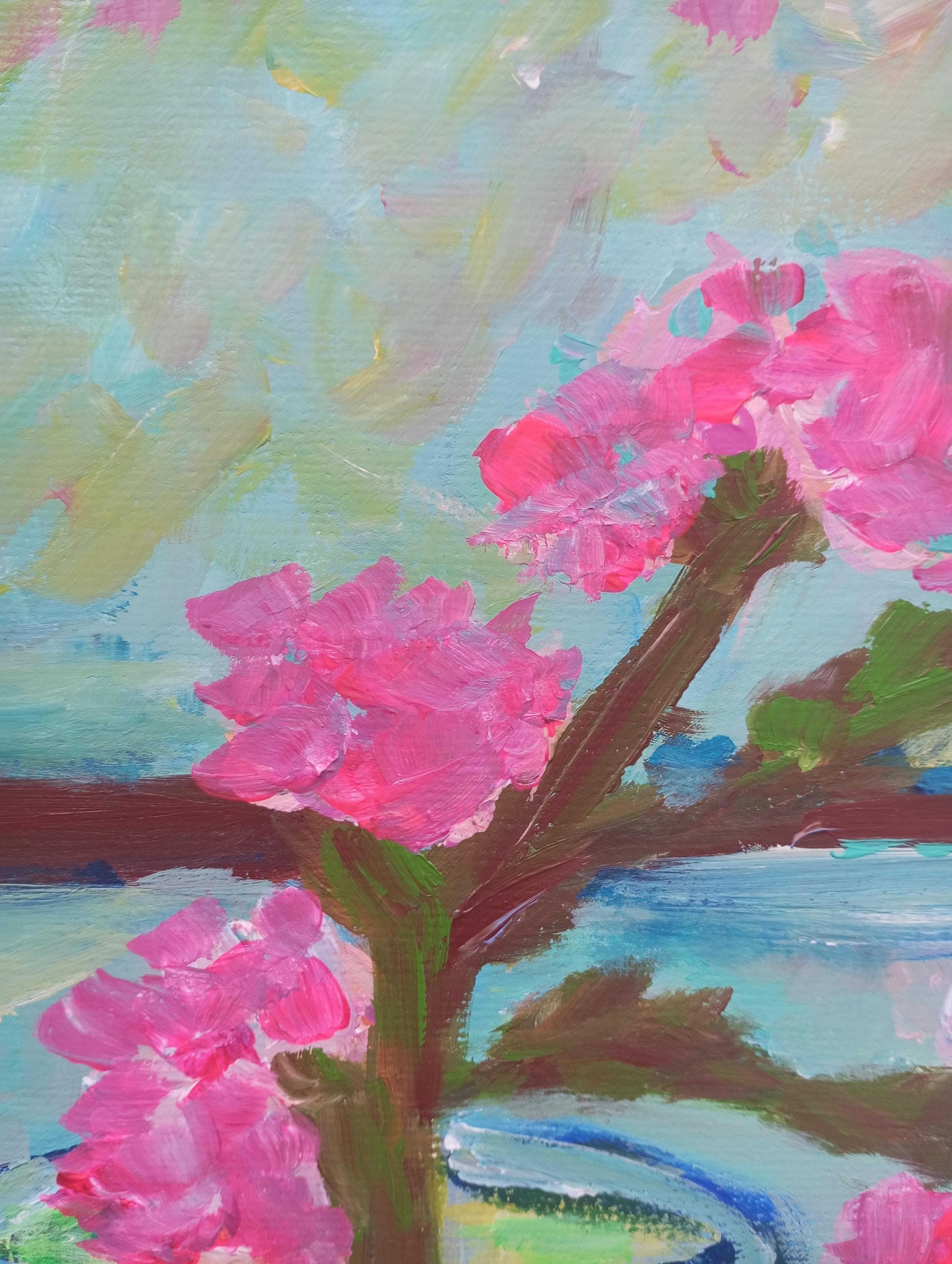 Obra de arte impresionista contemporánea de almendras rosas sobre papel inspirada en Van Gogh en venta 6