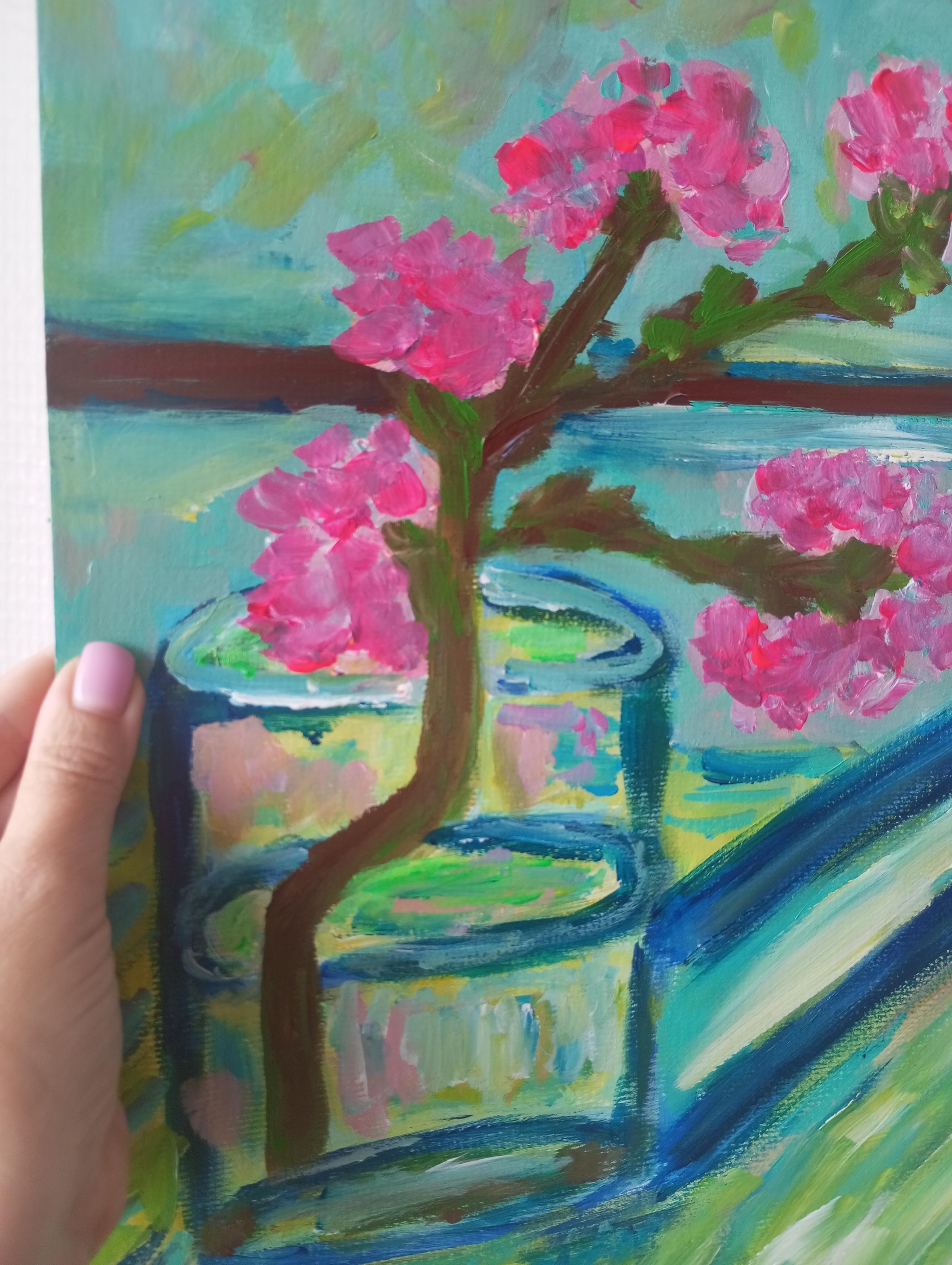 Obra de arte impresionista contemporánea de almendras rosas sobre papel inspirada en Van Gogh en venta 1