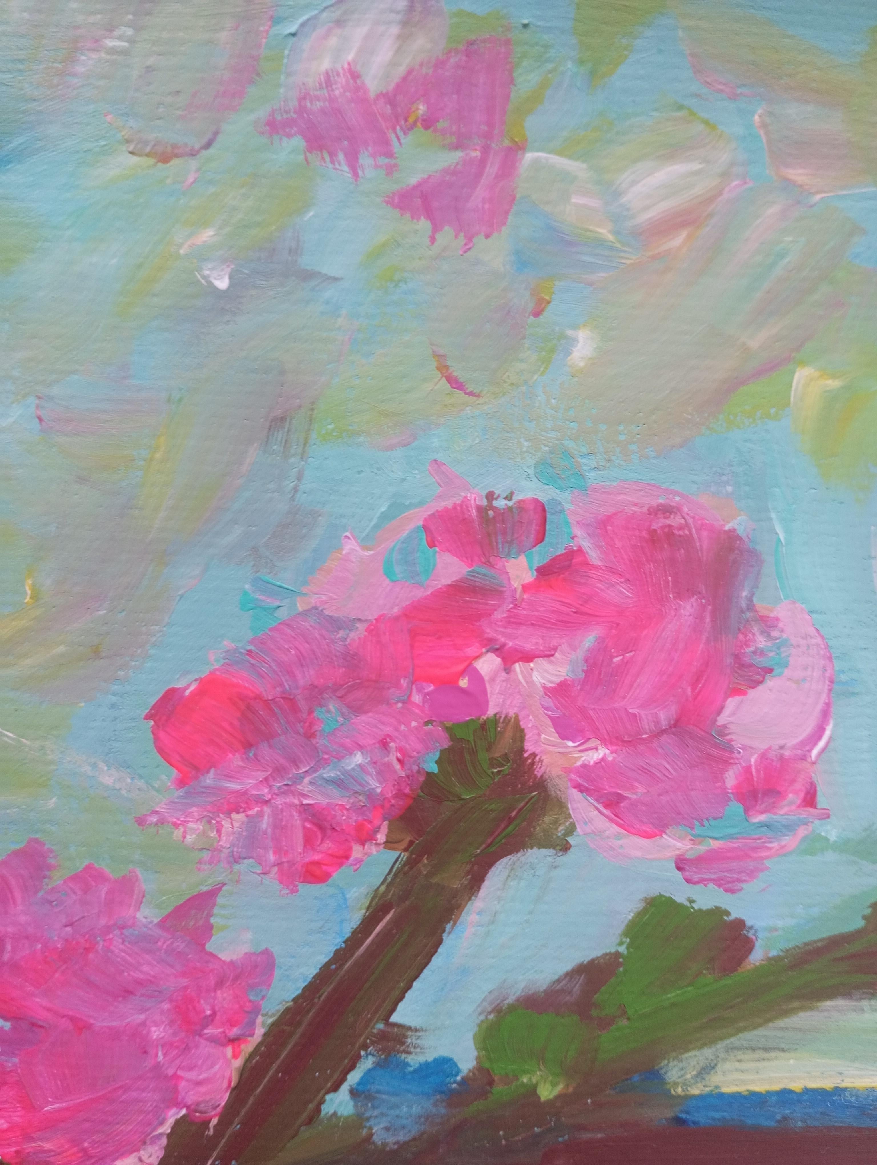 Obra de arte impresionista contemporánea de almendras rosas sobre papel inspirada en Van Gogh en venta 3