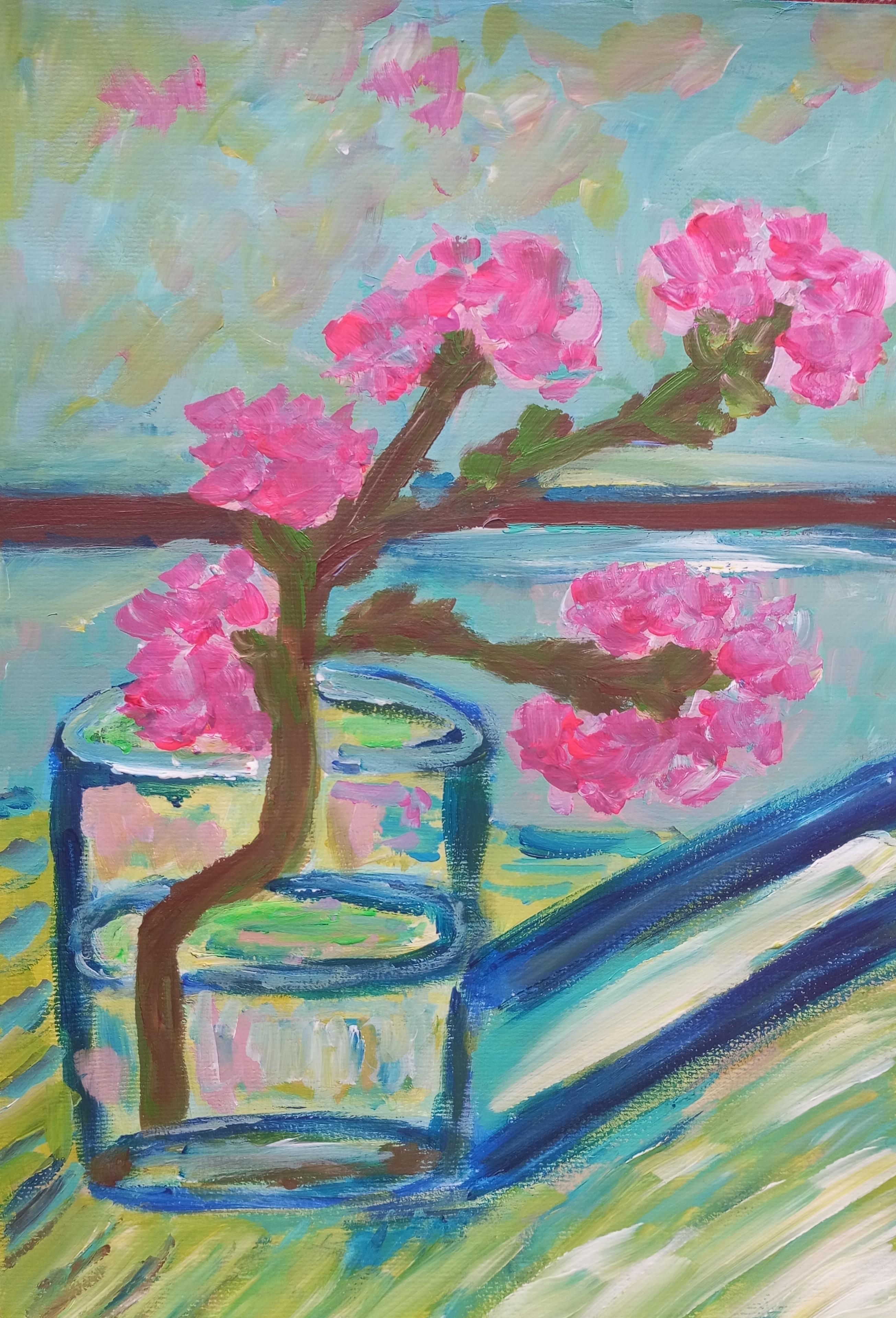 Still-Life Painting de Natalya Mougenot  - Obra de arte impresionista contemporánea de almendras rosas sobre papel inspirada en Van Gogh