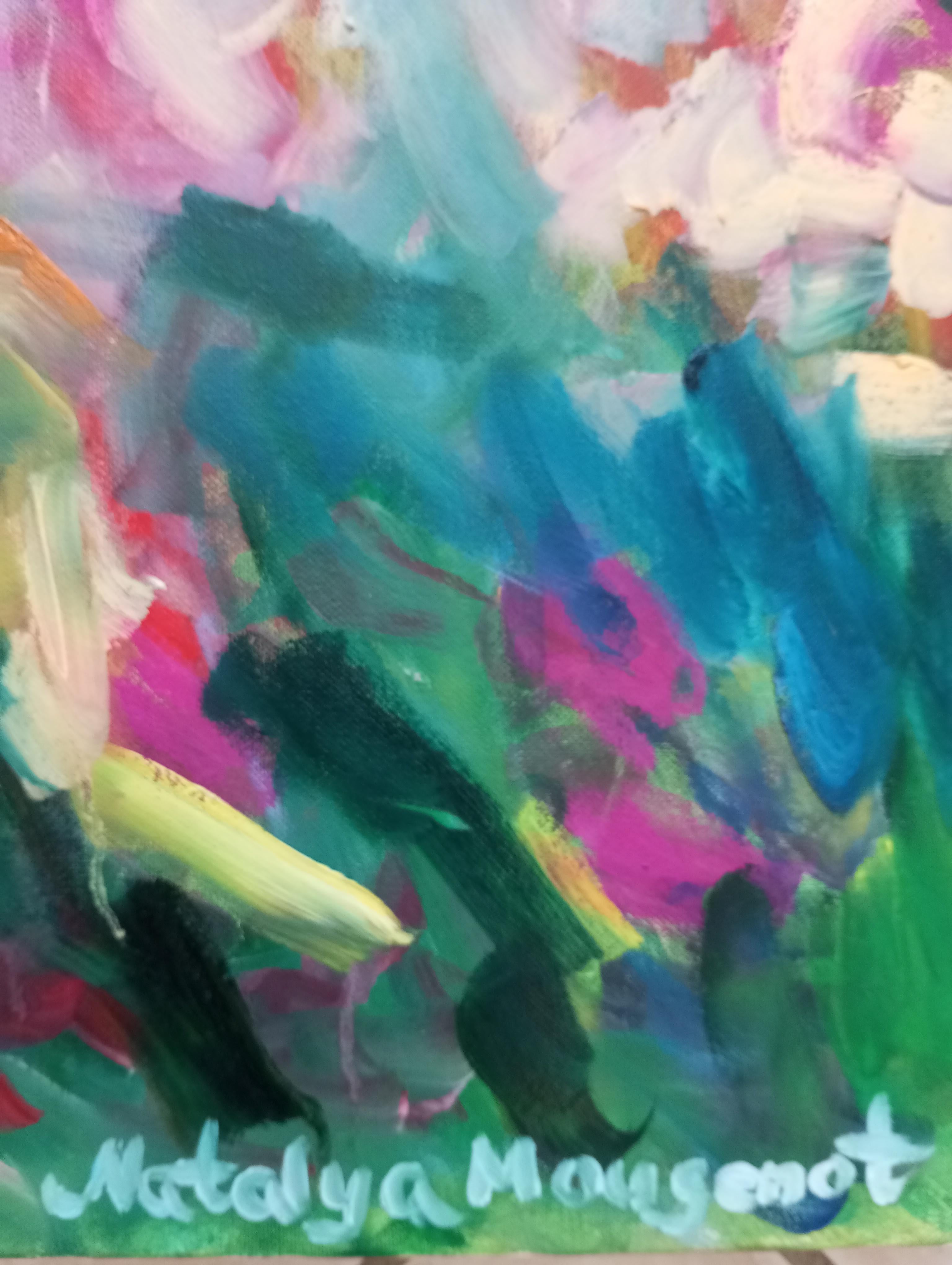 Gran pintura abstracta contemporánea expresiva floral primaveral al óleo sobre lienzo en venta 5