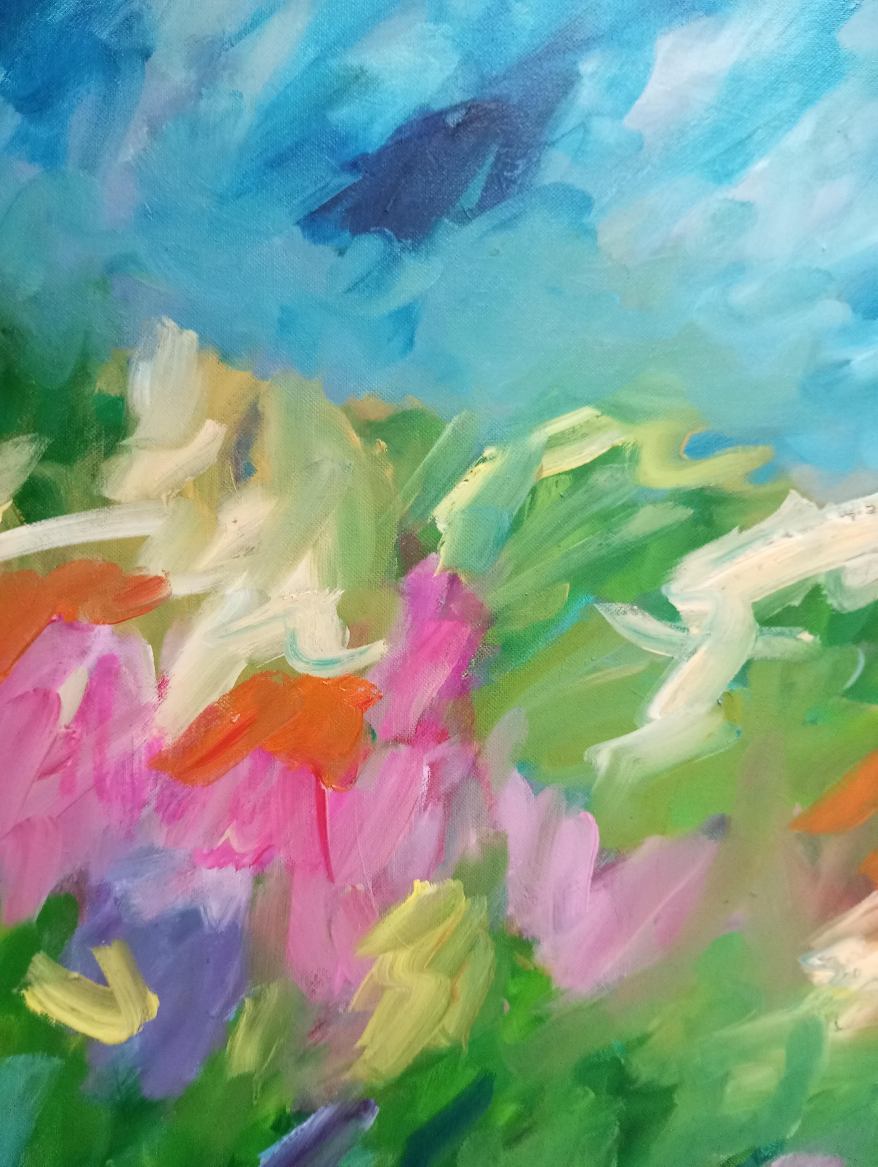 Gran pintura abstracta contemporánea expresiva floral primaveral al óleo sobre lienzo en venta 6