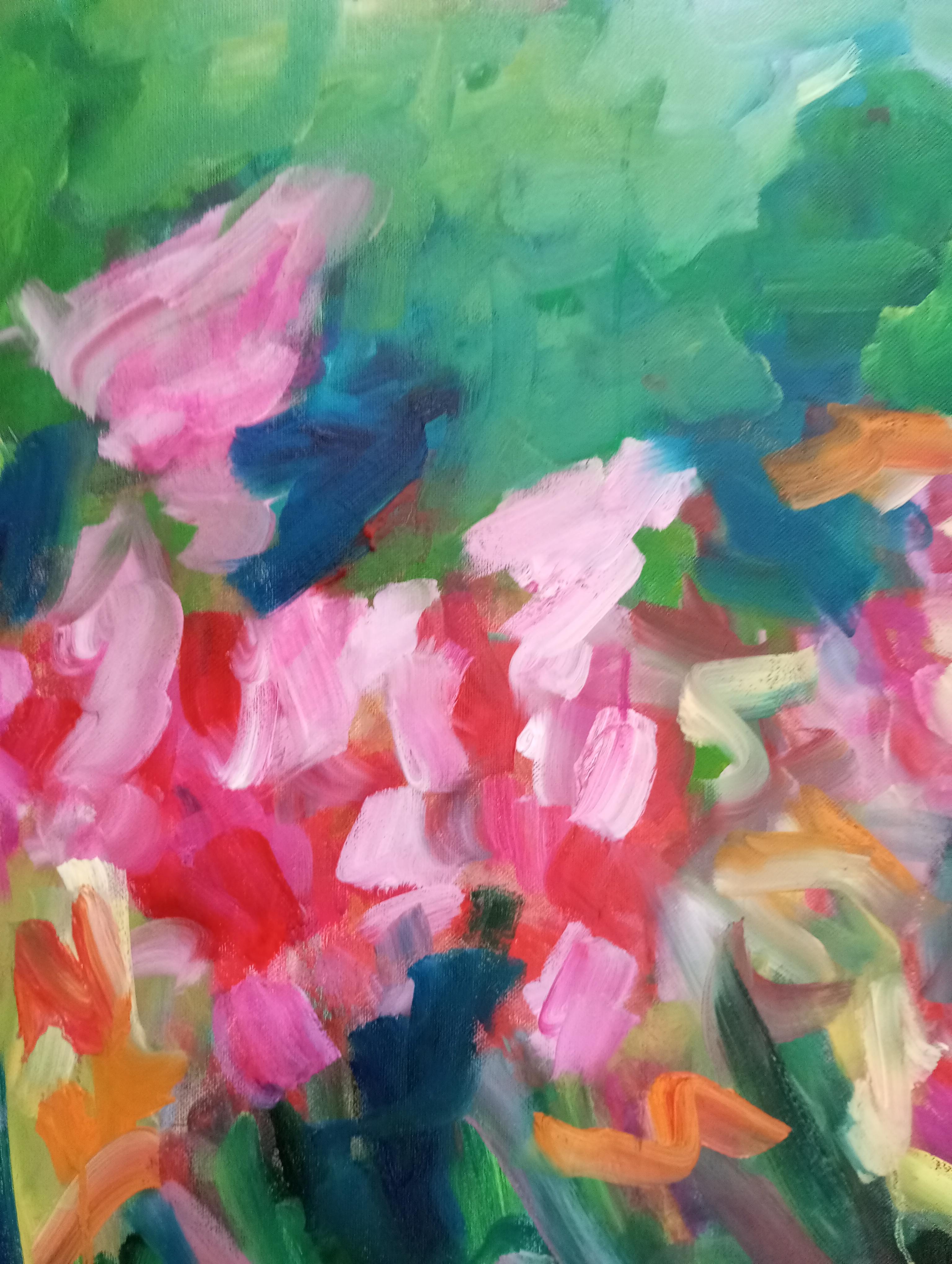 Gran pintura abstracta contemporánea expresiva floral primaveral al óleo sobre lienzo en venta 7
