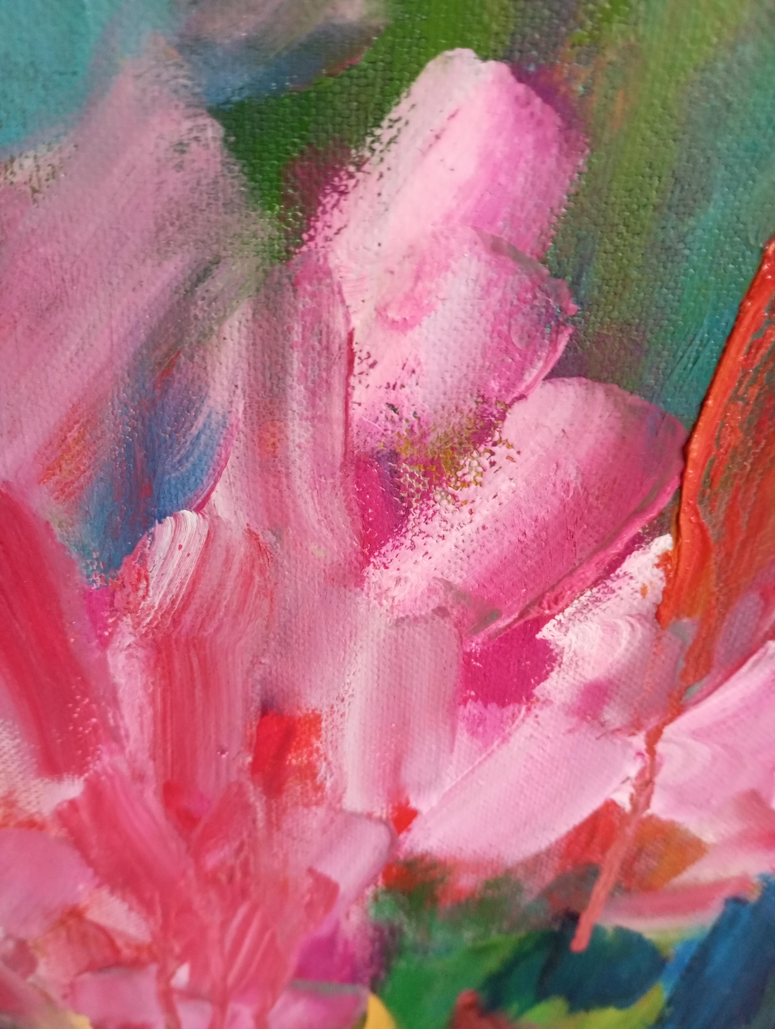 Gran pintura abstracta contemporánea expresiva floral primaveral al óleo sobre lienzo en venta 12