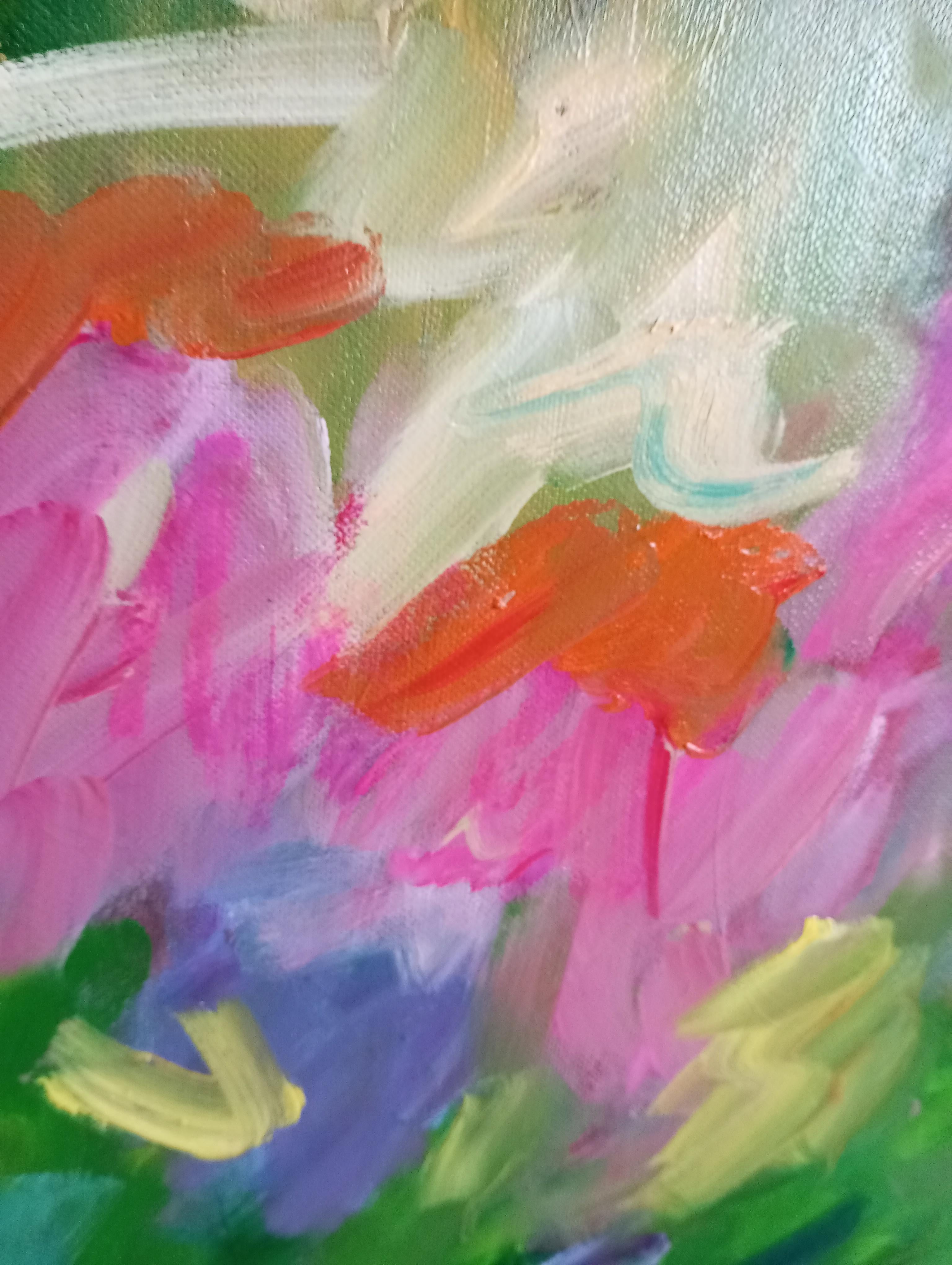 Gran pintura abstracta contemporánea expresiva floral primaveral al óleo sobre lienzo en venta 13