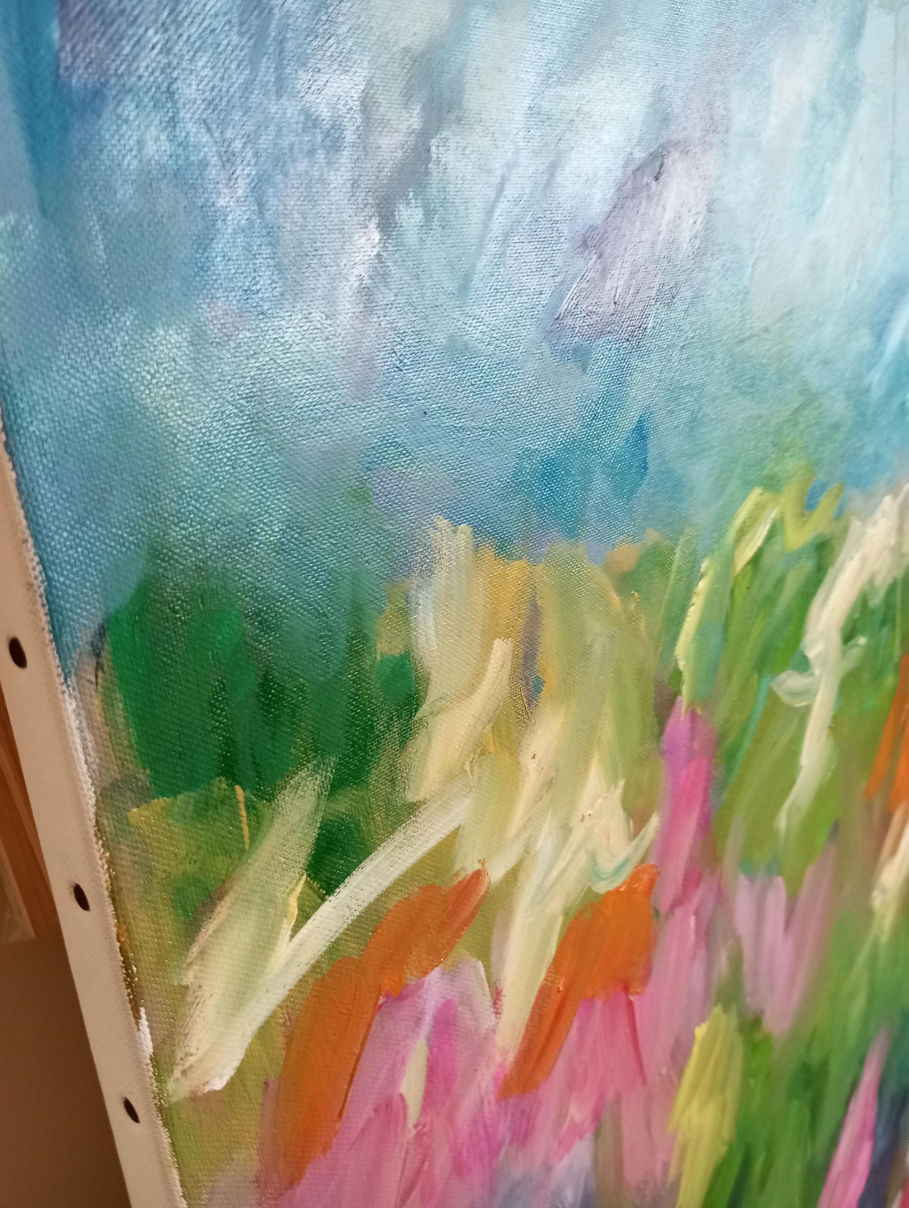 Gran pintura abstracta contemporánea expresiva floral primaveral al óleo sobre lienzo en venta 14
