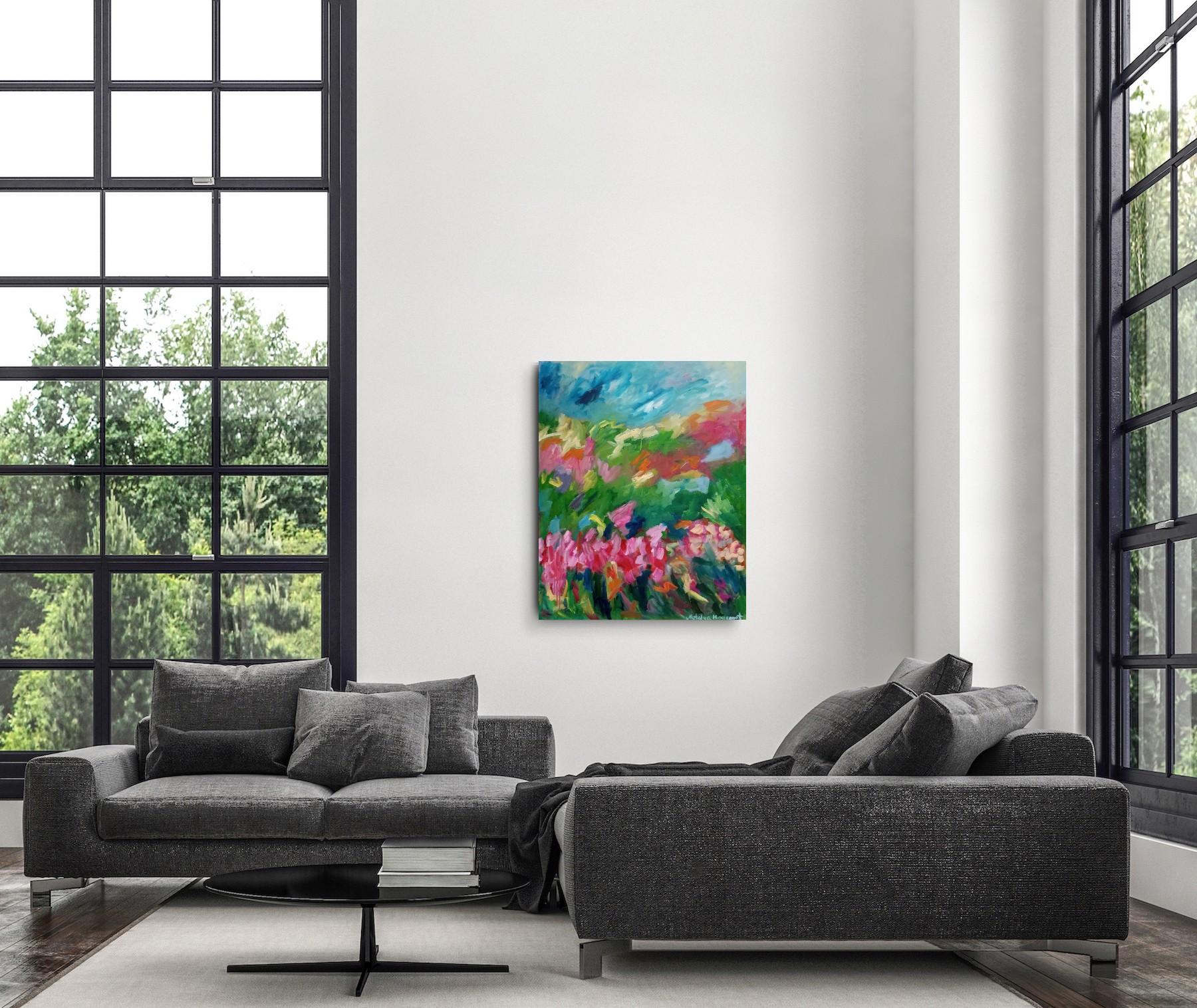 Gran pintura abstracta contemporánea expresiva floral primaveral al óleo sobre lienzo - Abstract Painting Gris de Natalya Mougenot 