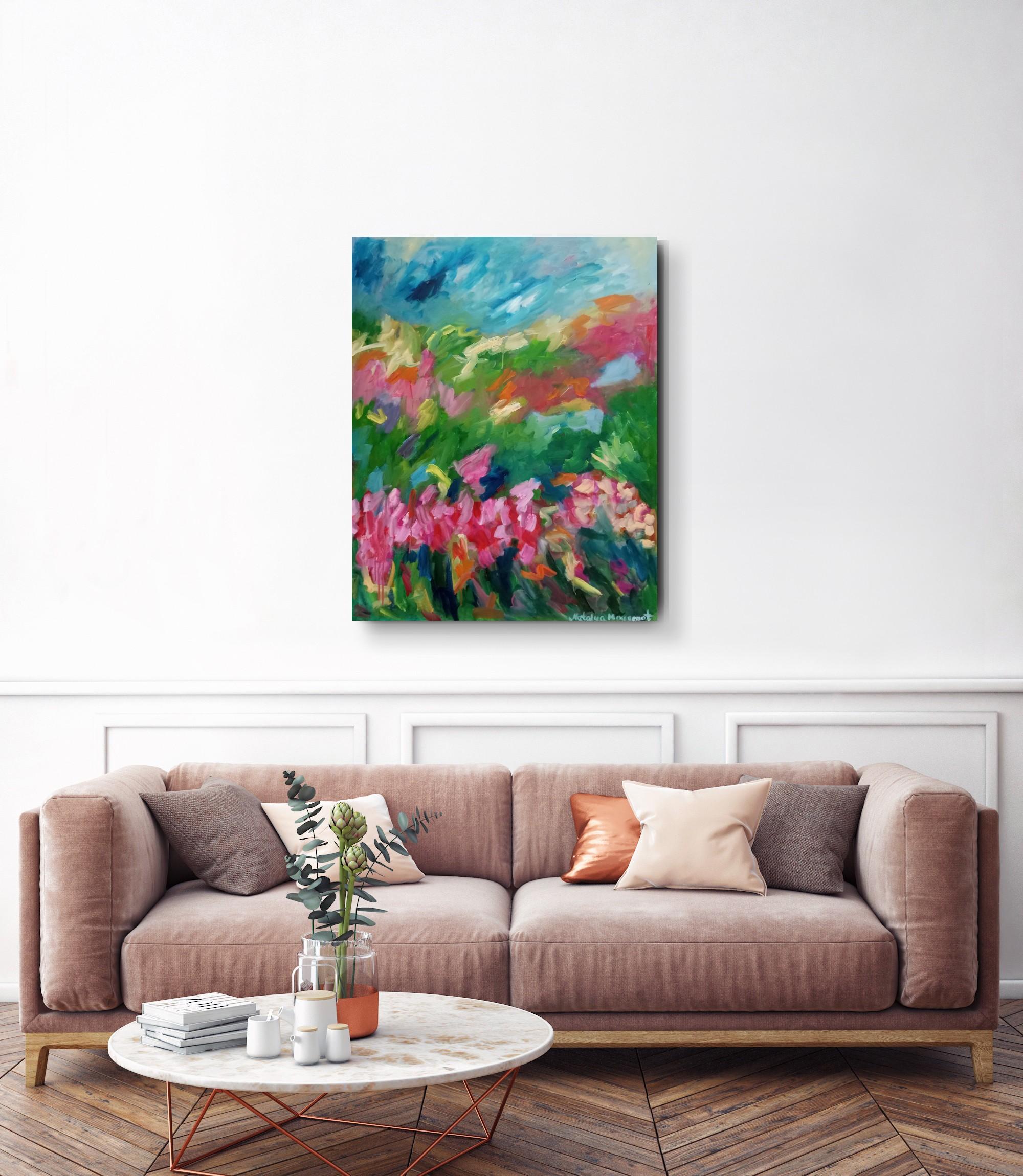 Gran pintura abstracta contemporánea expresiva floral primaveral al óleo sobre lienzo en venta 1