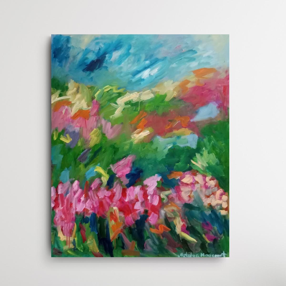 Gran pintura abstracta contemporánea expresiva floral primaveral al óleo sobre lienzo en venta 2