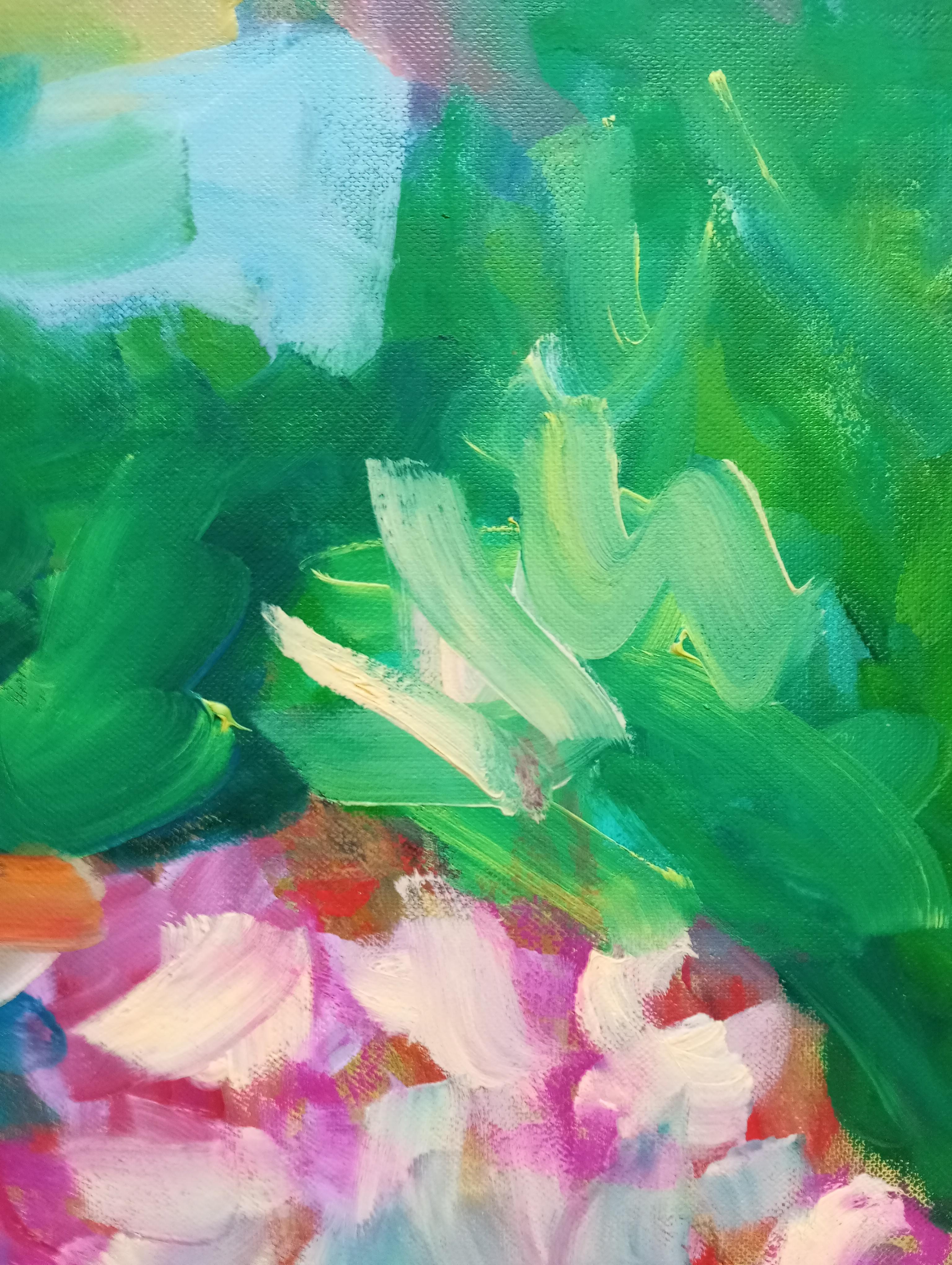 Gran pintura abstracta contemporánea expresiva floral primaveral al óleo sobre lienzo en venta 3