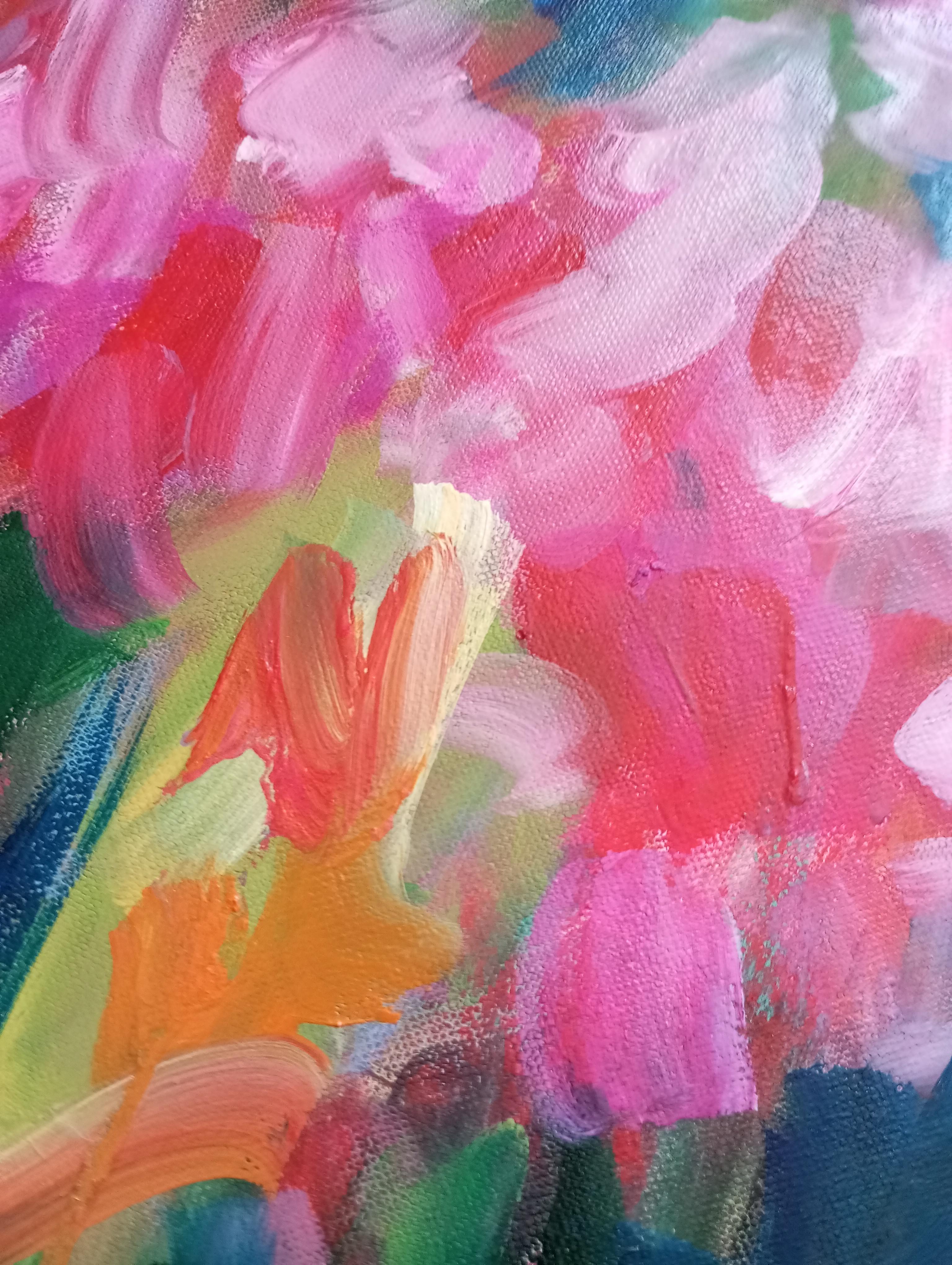 Gran pintura abstracta contemporánea expresiva floral primaveral al óleo sobre lienzo en venta 4