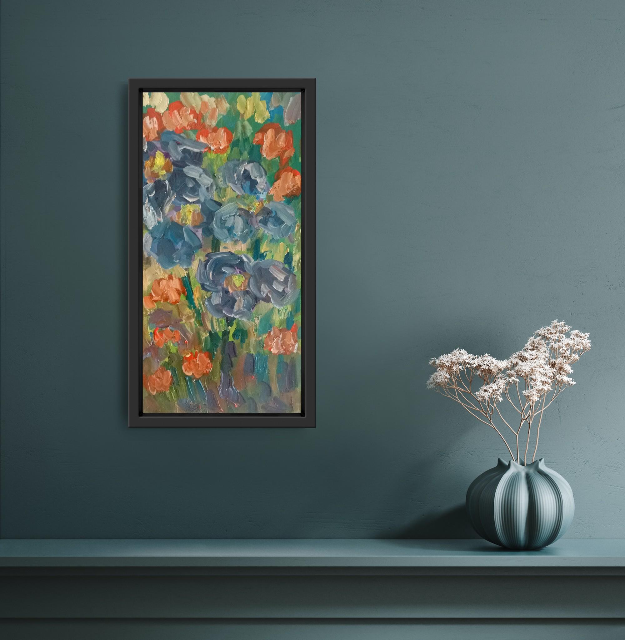 Pintura al óleo abstracta impresionista contemporánea de lirios inspirada en Van Gogh - Still-Life Painting Gris de Natalya Mougenot 