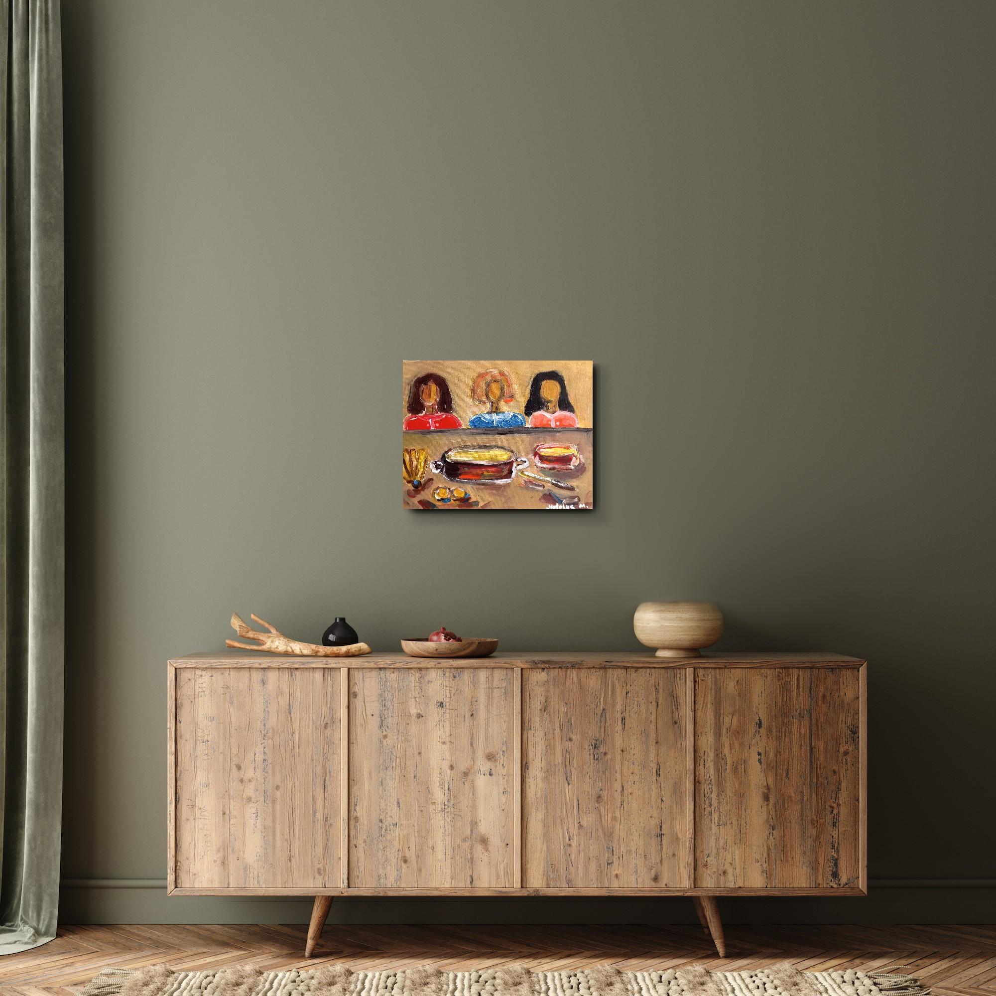 Esta pintura figurativa contemporánea con un toque moderno y mezcla  del expresionismo, el arte brut y el arte naïf representa una escena de tres mujeres en la mesa.  Esta pieza recoge mis raíces y mi bagaje cultural al tener una conexión espiritual