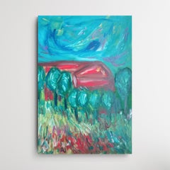 Peinture impressionniste contemporaine de nature, huile, toile - « La maison rouge »