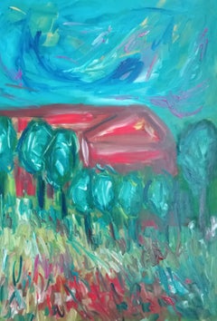 Contemporary impressionist nature painting, oil, canvas  - "The red house"