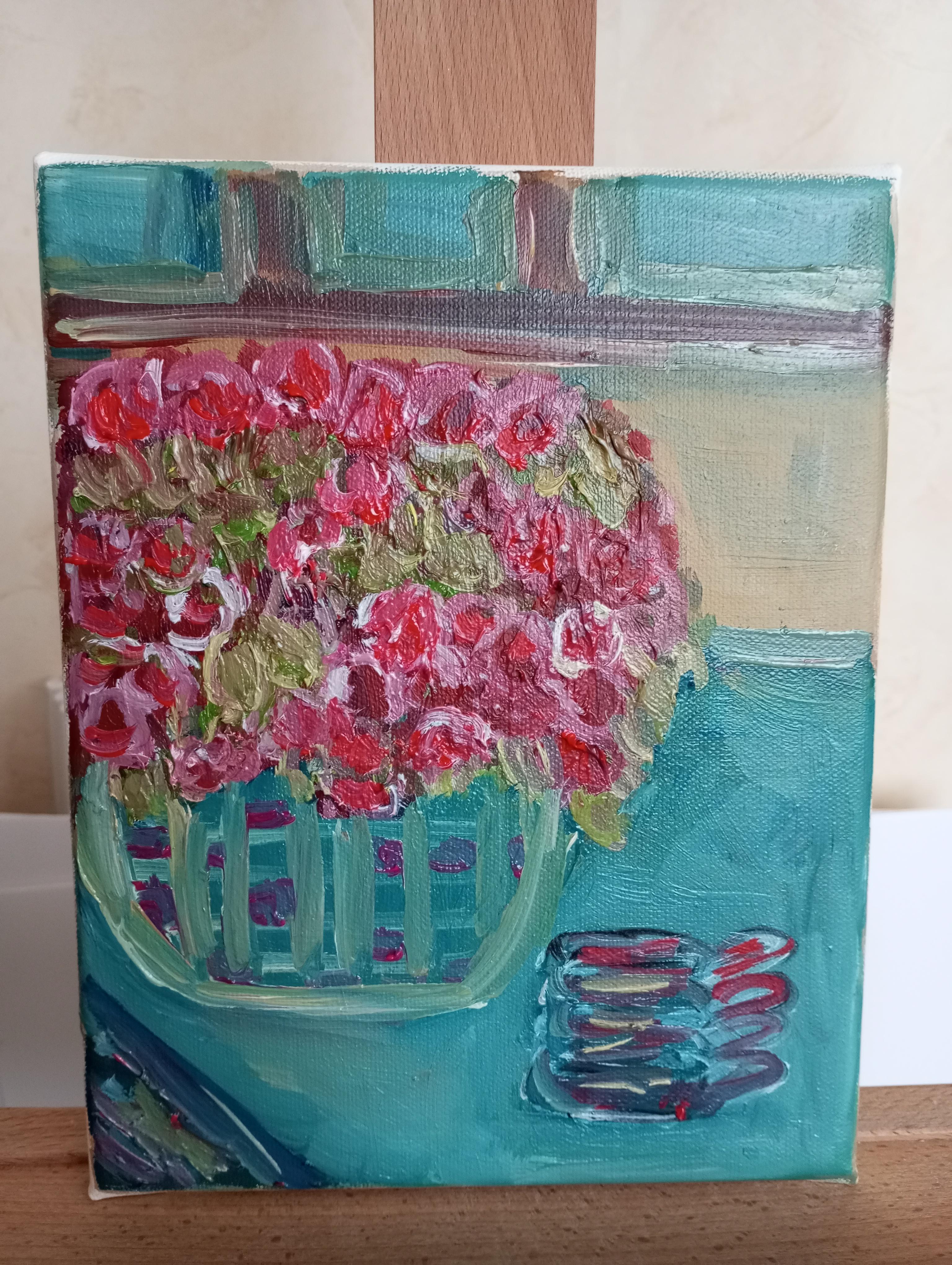 Il profumo del caffè caldo e delle rose sbocciate (pittura ad olio floreale su tela) in vendita 5