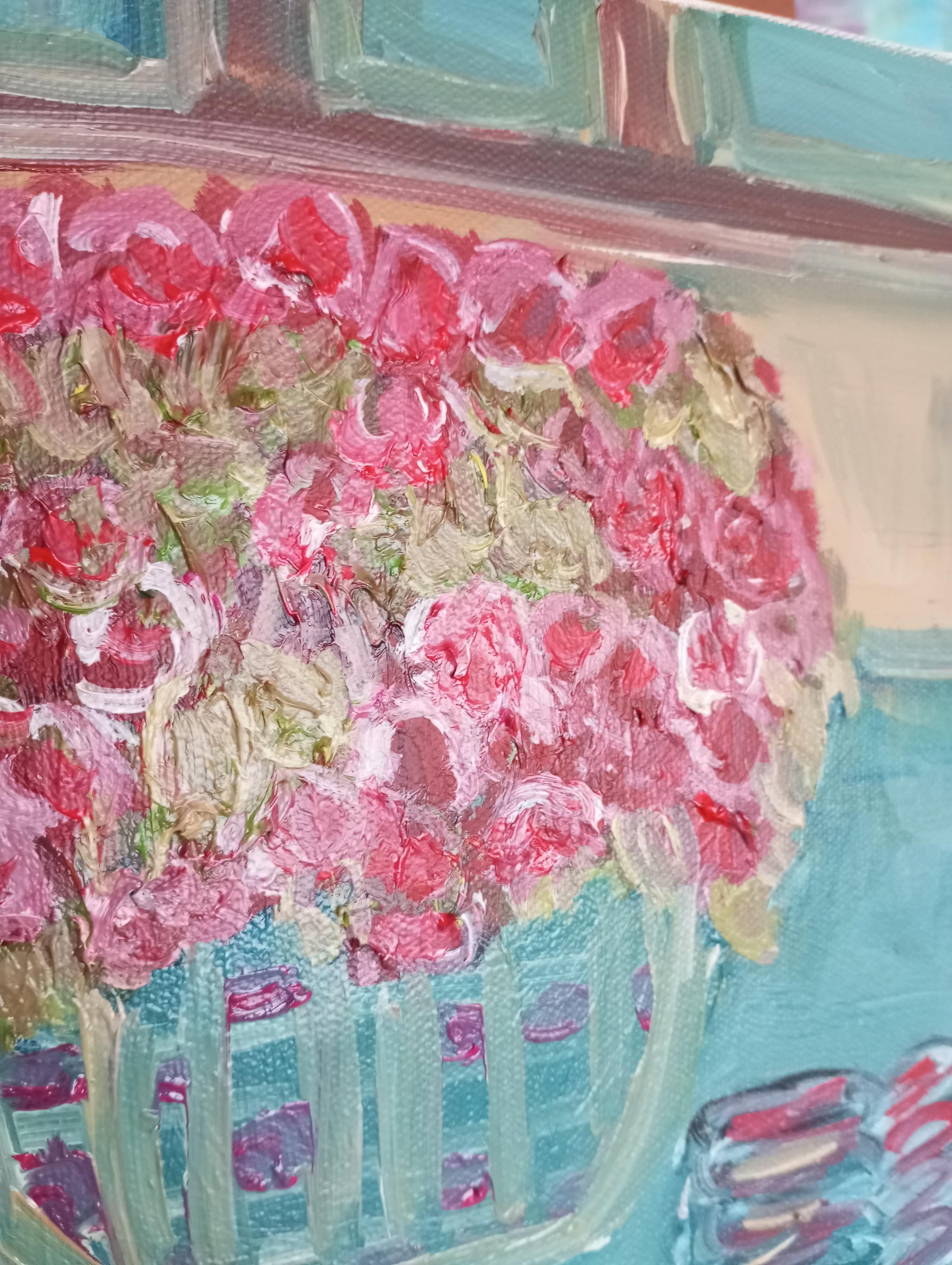 Il profumo del caffè caldo e delle rose sbocciate (pittura ad olio floreale su tela) in vendita 6