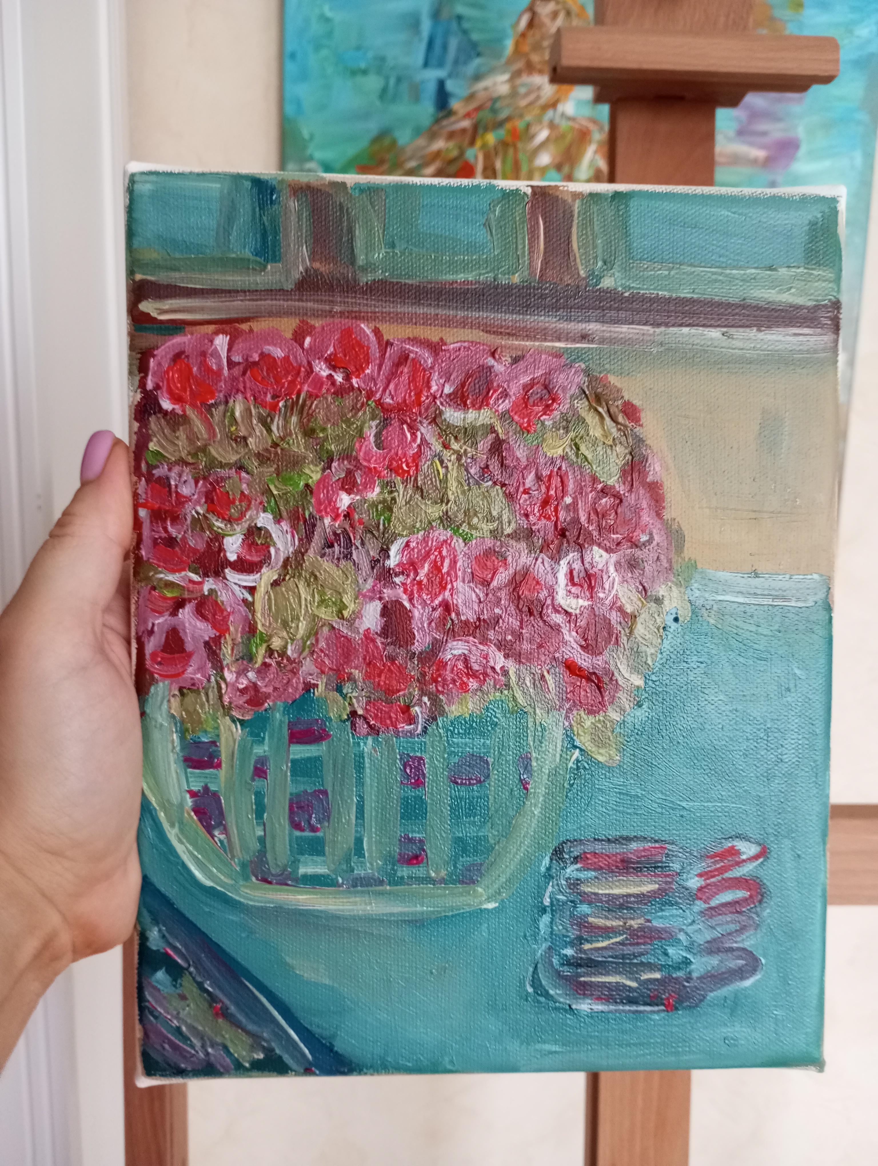 Il profumo del caffè caldo e delle rose sbocciate (pittura ad olio floreale su tela) in vendita 8