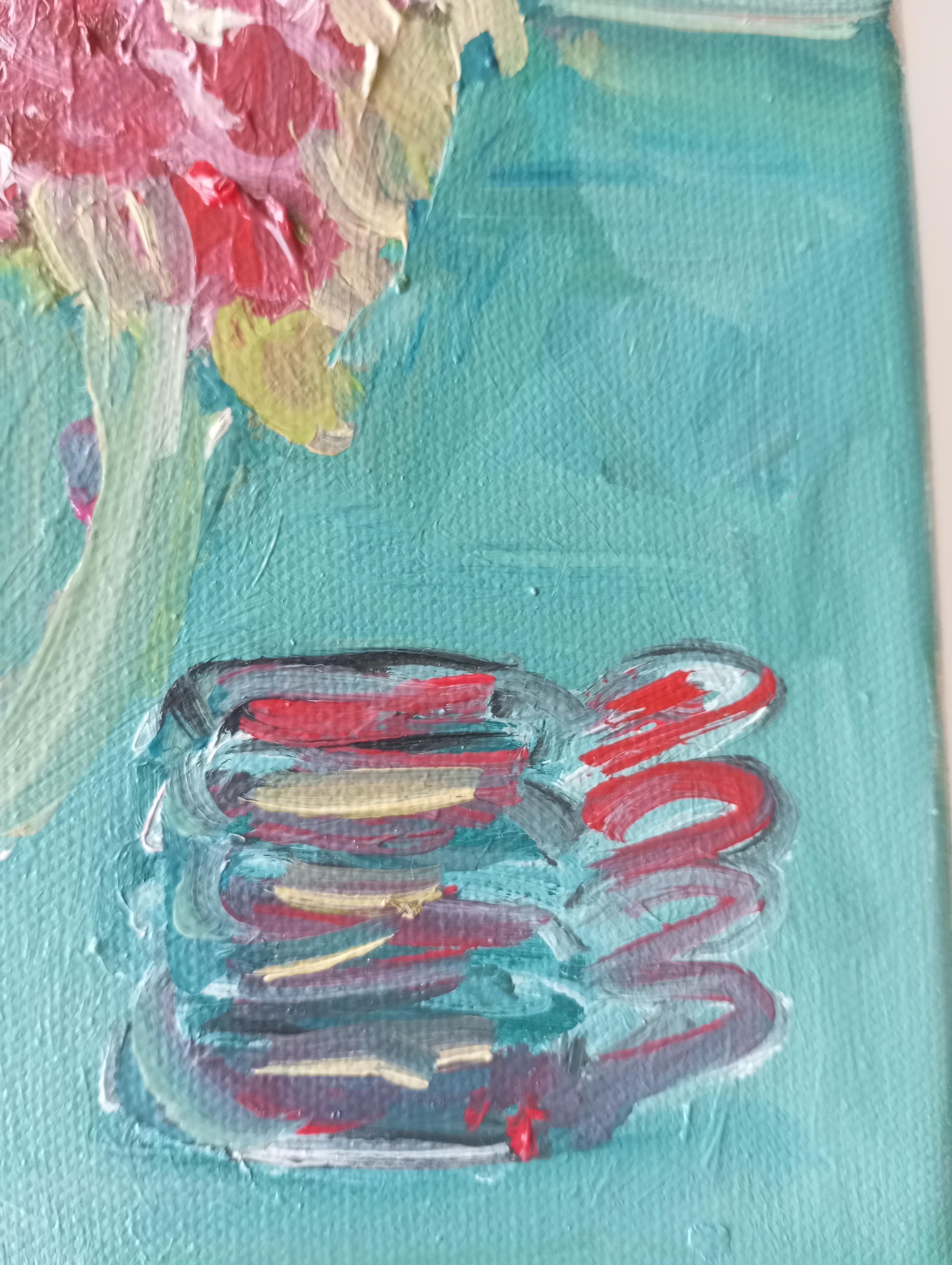 Il profumo del caffè caldo e delle rose sbocciate (pittura ad olio floreale su tela) in vendita 11