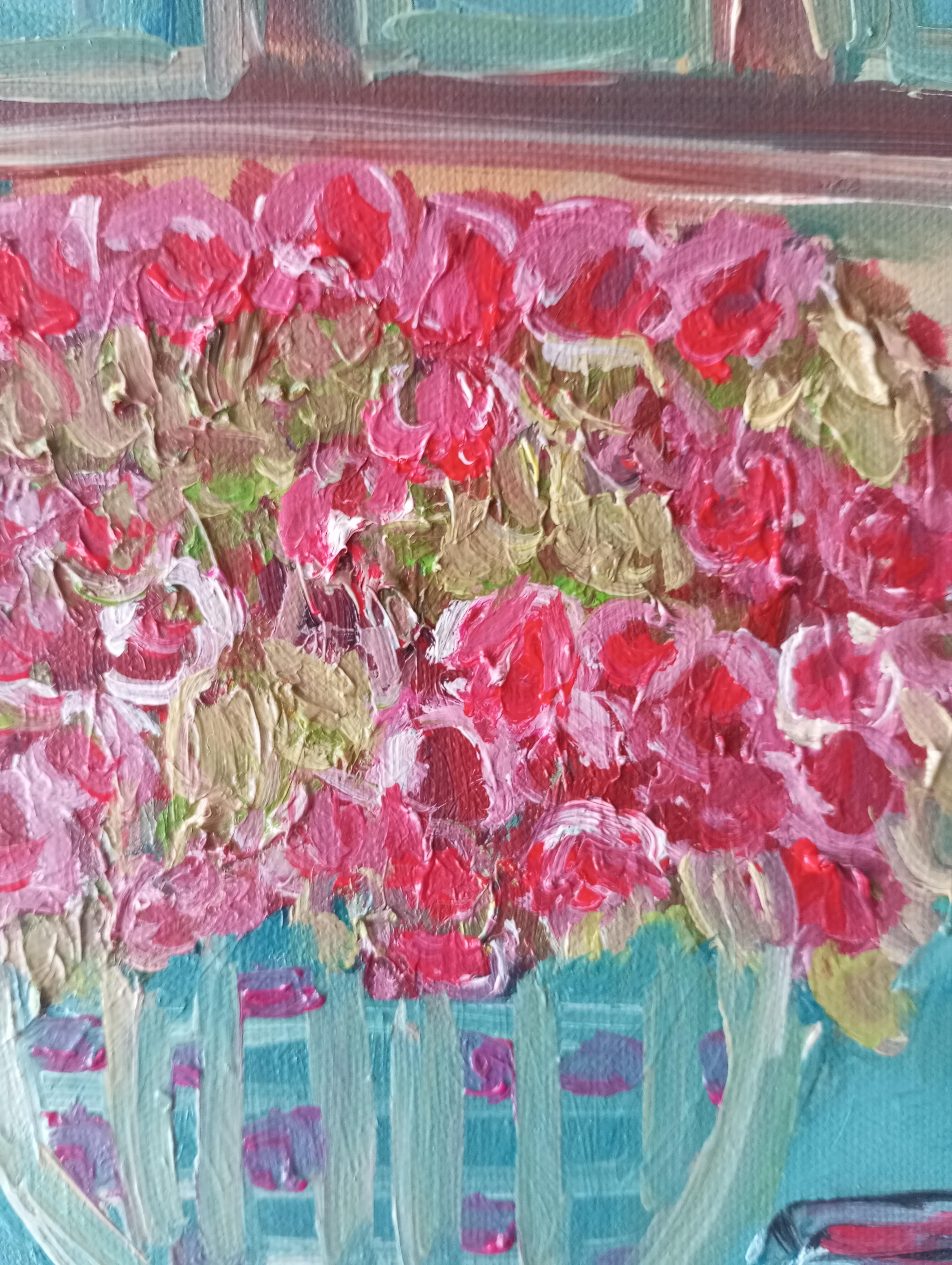 Il profumo del caffè caldo e delle rose sbocciate (pittura ad olio floreale su tela) in vendita 12