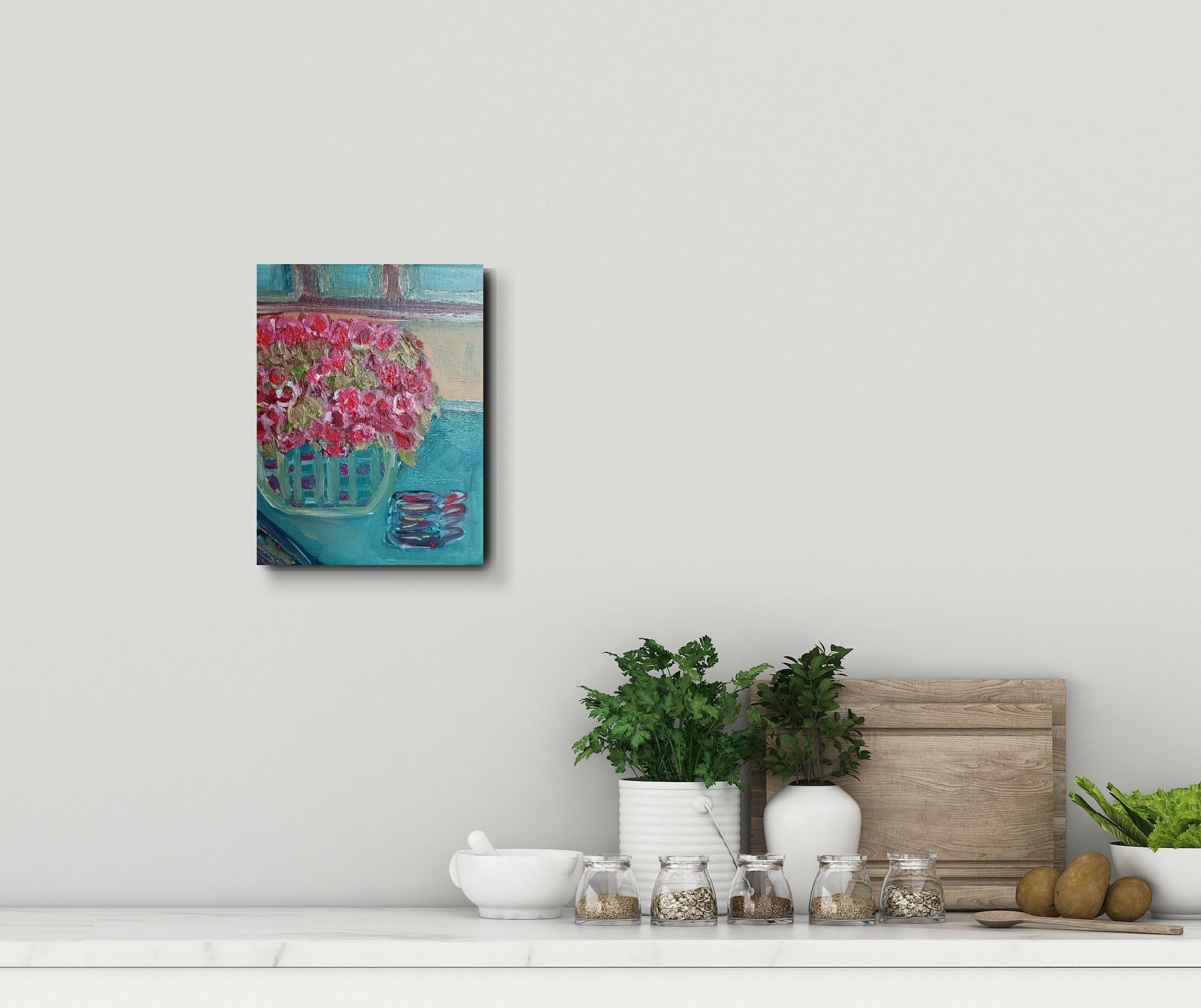 Il profumo del caffè caldo e delle rose sbocciate (pittura ad olio floreale su tela) in vendita 1